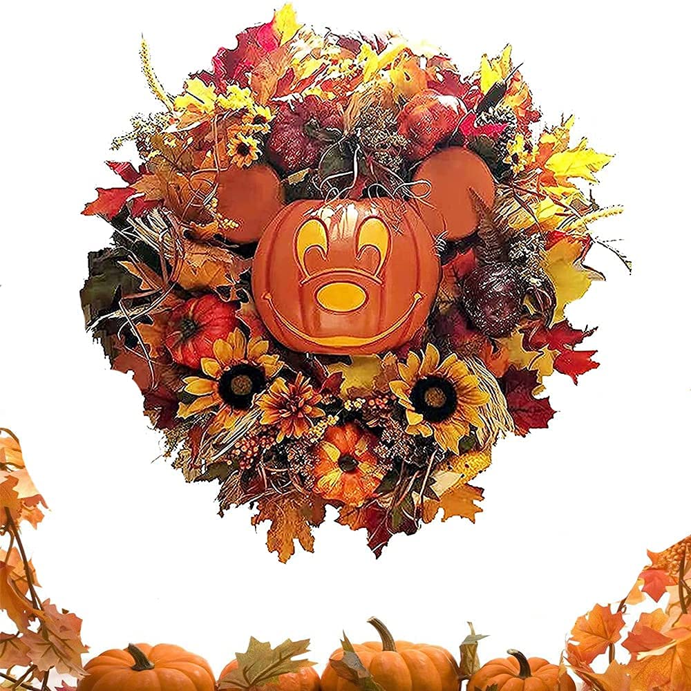 MTDBAOD Mickey Pumpkin Wreath, Fall Pumpkin Wreath Front Door Decoration,Mickey Maple Leaf Wreath,Suitable for Indoor Outdoor Halloween Fall Decor