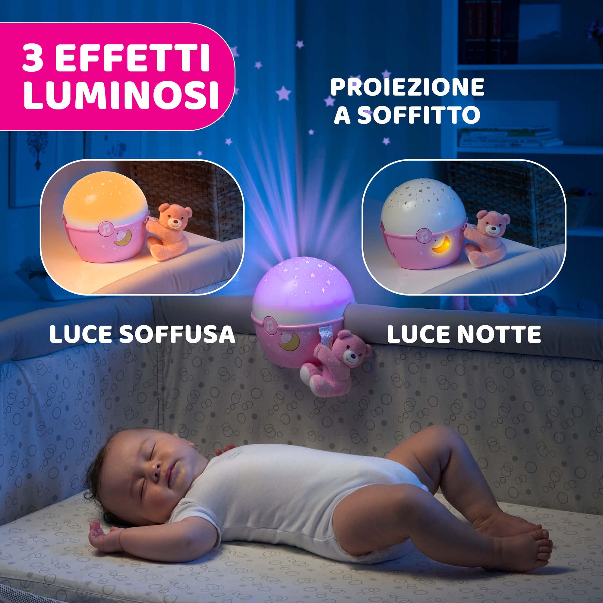 Chicco Next2Stars Luce Notturna per Bambini con Pupazzo - Proiettore Stelle Soffitto per Culla e Lettino Neonati, con Sensore Sonoro, 3 Effetti Luminosi e Musica - 0+ Mesi, Rosa