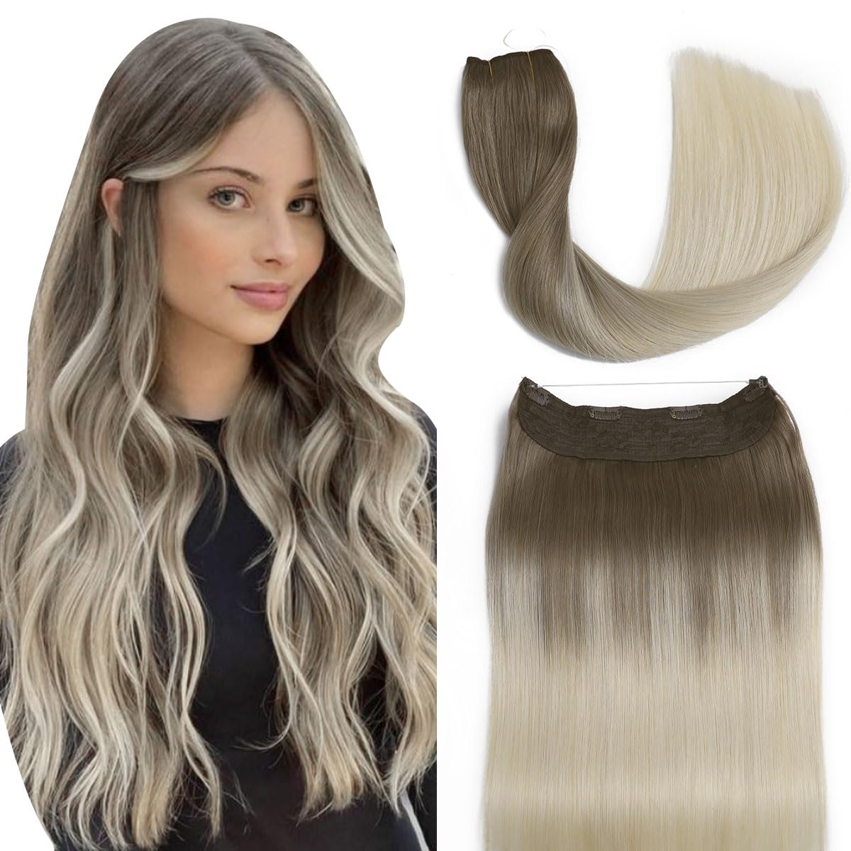 Sindra Invisible Wire Hair Extensions Ombre Light Brown to Platinum Blonde Human Hair Extensions With Adjustable Clips One Piece 70g Wire14#8T60