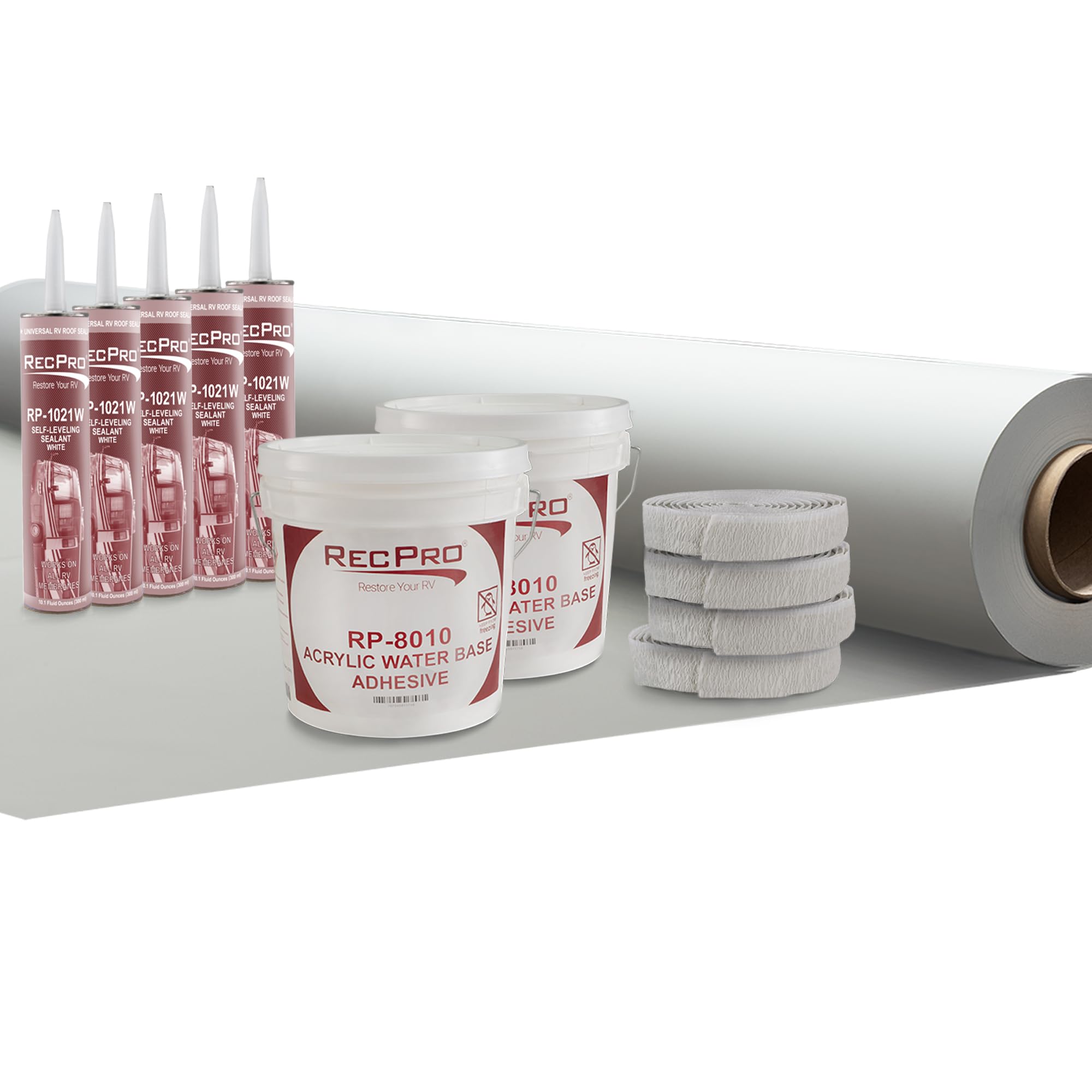 RecPro RV Extreme Duty Rubber Roof Kit | 8.5' Wide | Self Leveling Sealant | Butyl Tape | Light Gray | Made in USA (40 Foot Kit)