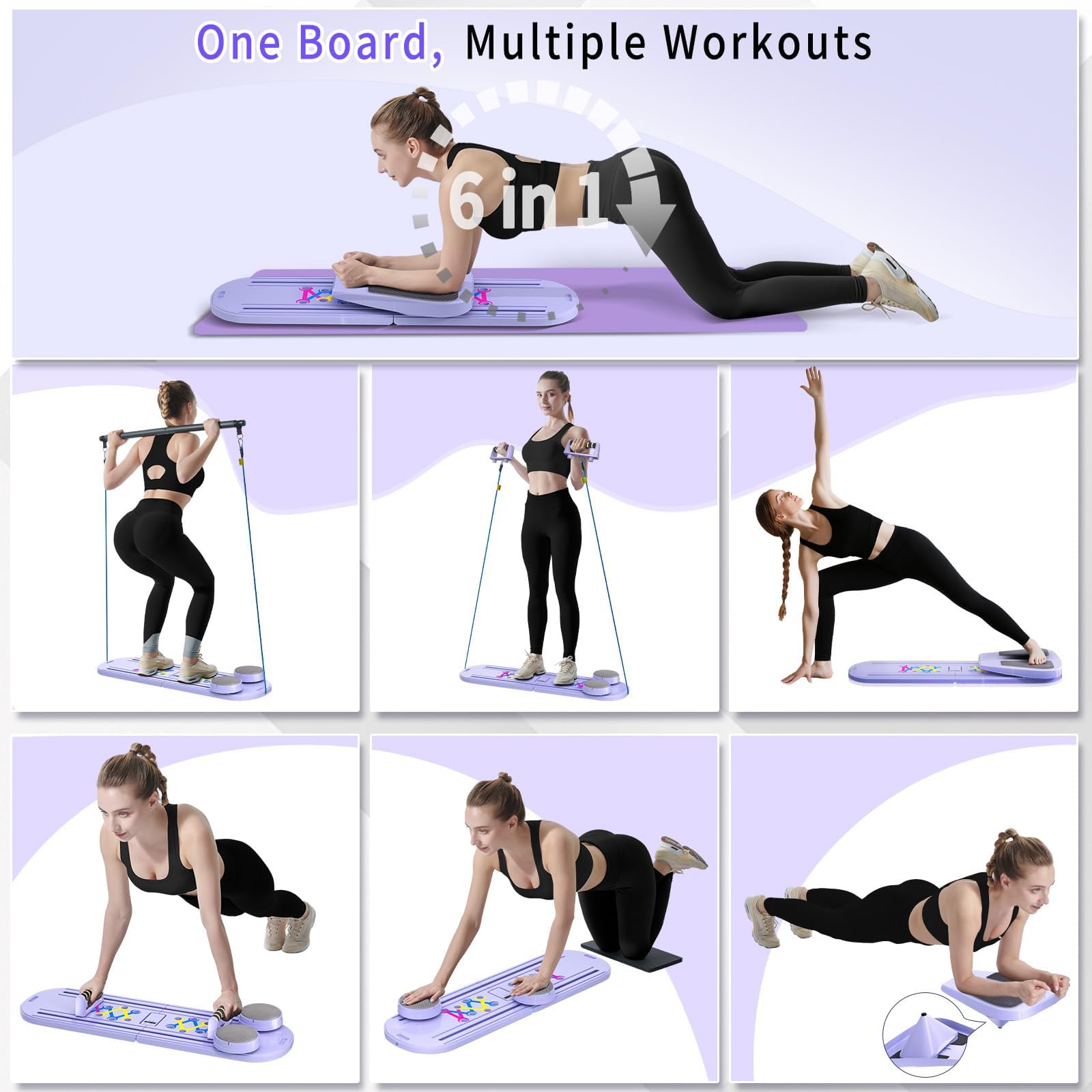 Pilates Board, Tragbares Faltbares Pilates Reformer Set, Vielseitige Pilates Board für Zuhause, Helllila