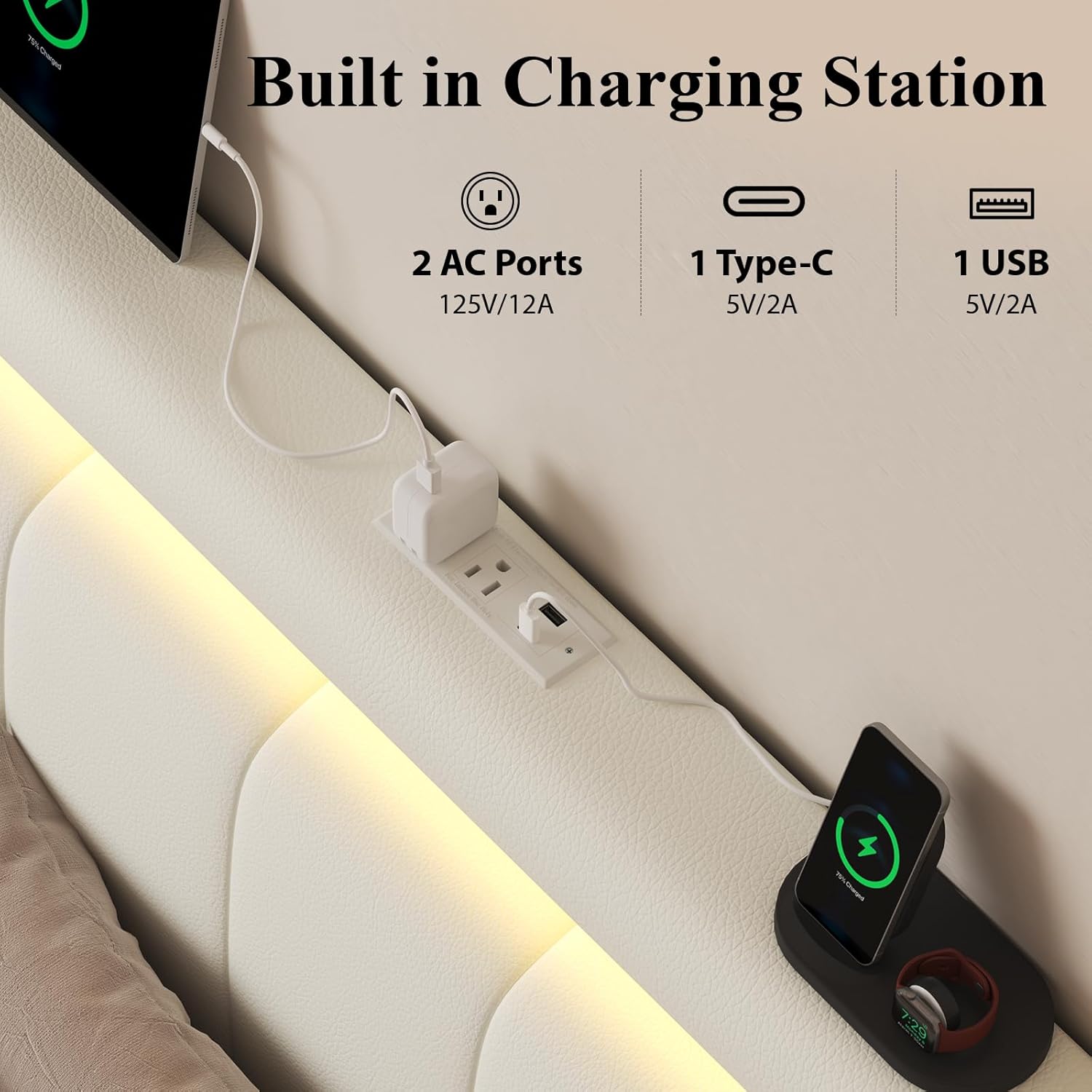 E-Ser Full Size Bed Frame with Charging Station, Storage Drawers & LED Lights, PU Leather Upholstered Platform Bed with Adjustable Headboard, Heavy Duty Metal Slats, No Box Spring Needed, White