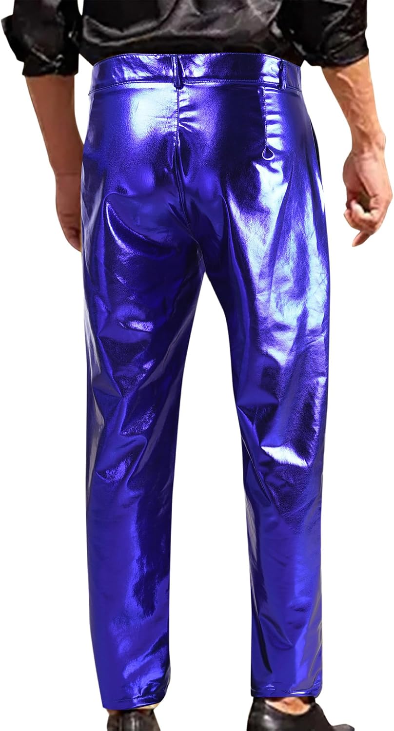 en's Metallic Shiny Pants Night Club Pants 70s 80s Disco Party Dance Straight Leg Trousers