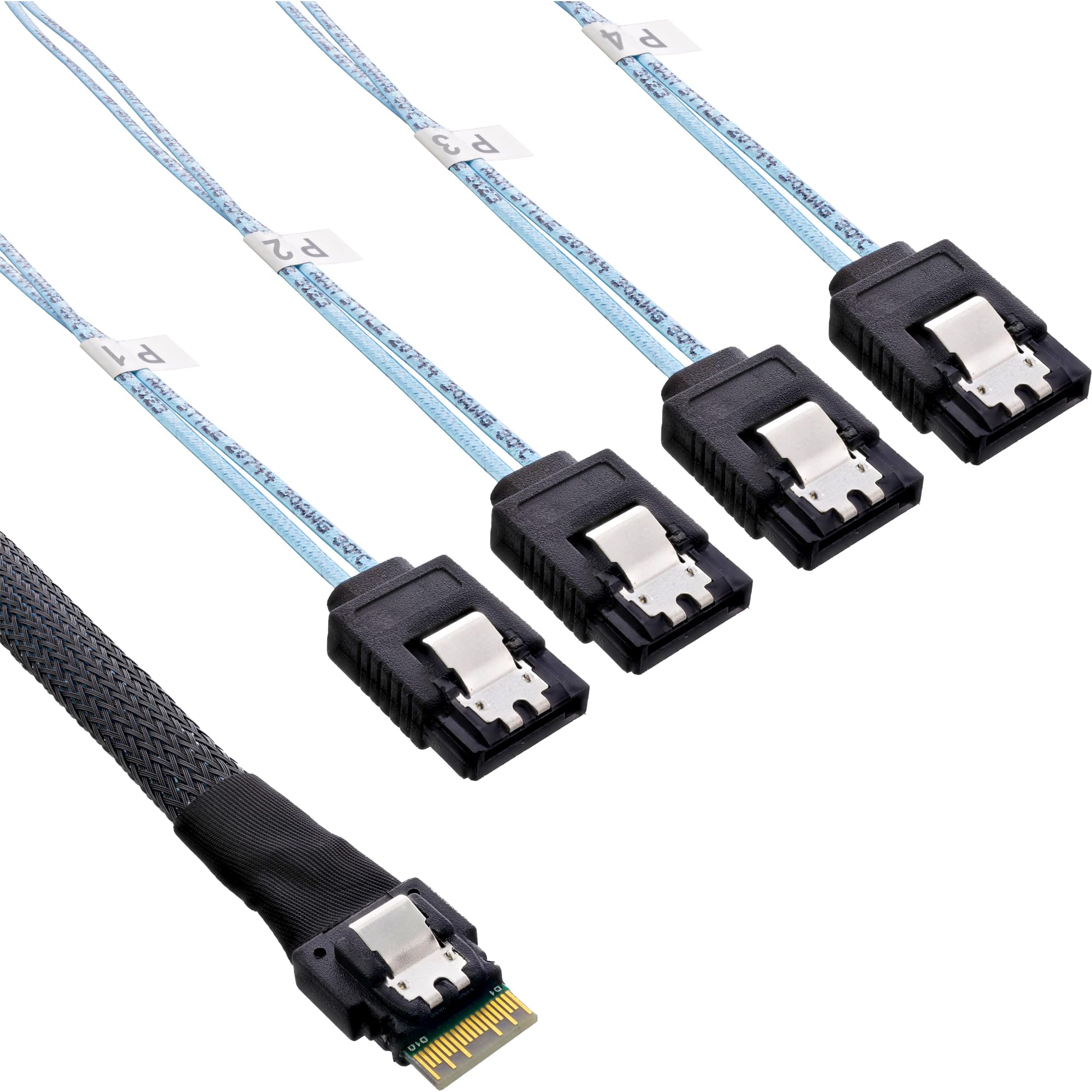InLine Slim SAS Kabel, SFF-8654 4i zu 4x SATA 7-pin, 12Gb/s, 1m, interne Verbindung für SAS Controller zu SATA HDD SSD, platzsparend, 27646B