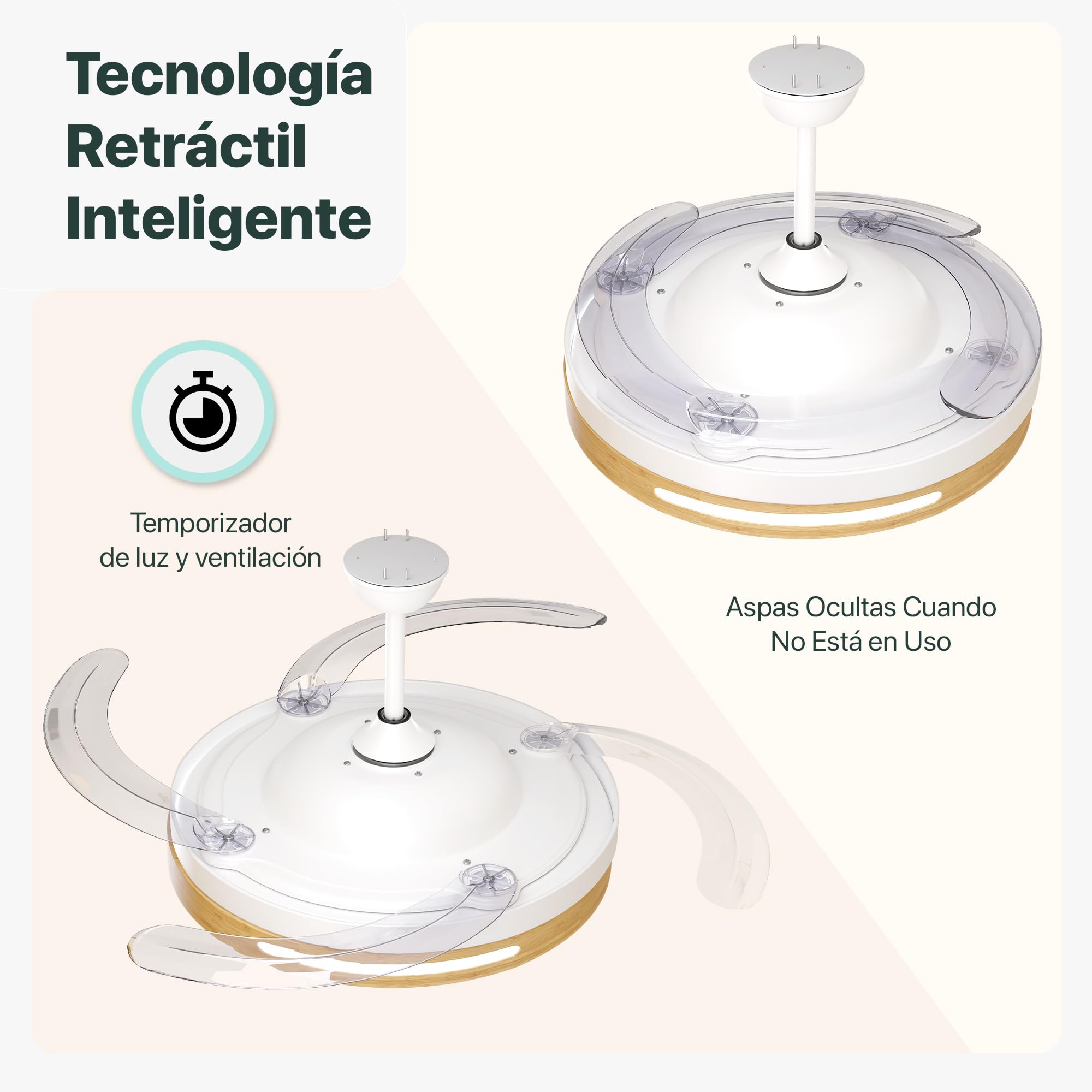 LEDUNI Ventilador de Techo con Aspas Retráctiles Control Remoto 66W | 30W Motor DC+36W Luz 2880LM Luz Integrada, Color Blanco CCT 3000-4000-6000K (Madera Liso)