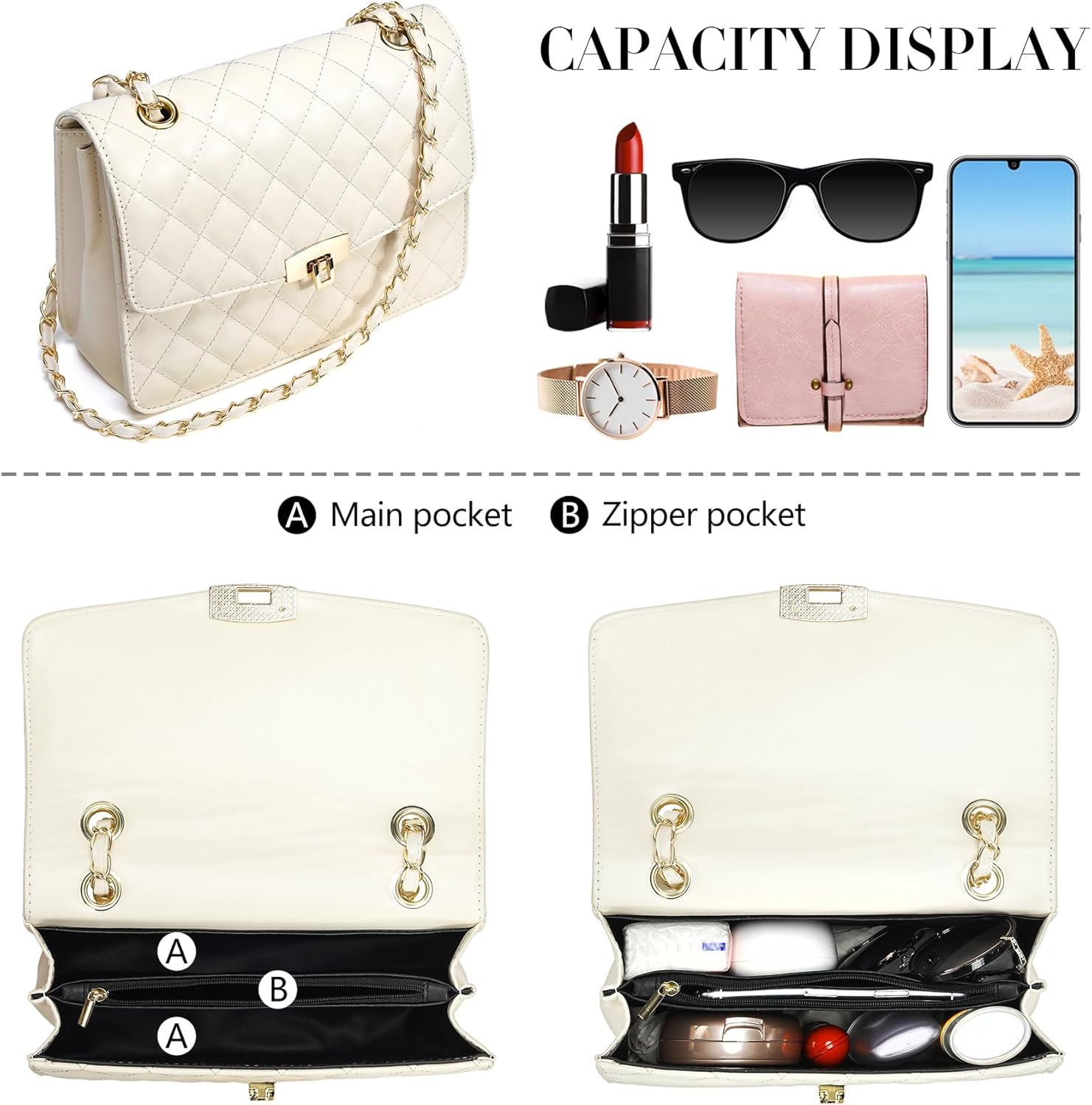 Quilted Leather Crossbody Bags for Women Trendy Ladies Shoulder Purse Satchel HandBag with Chain Strap - Image 4