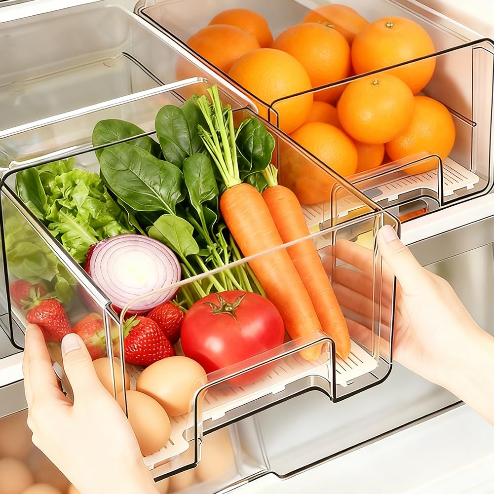 Organizer per frigorifero, cassetto [1 pezzo], estensibile e impilabile, per conservare alimenti, salsicce, contenitori trasparenti per cucina, frigorifero e armadietto