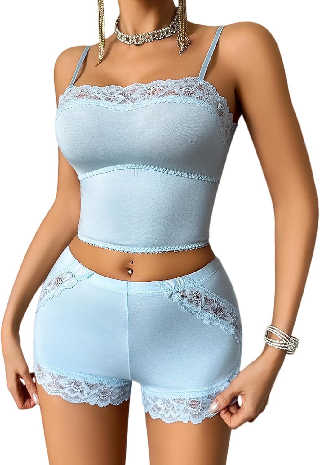 Avidlove Women Cami Pajama Set Sexy Sleepwear Soft Lingerie 2 Piece Lace Trim Short PJ Set Nightwear S-XXL