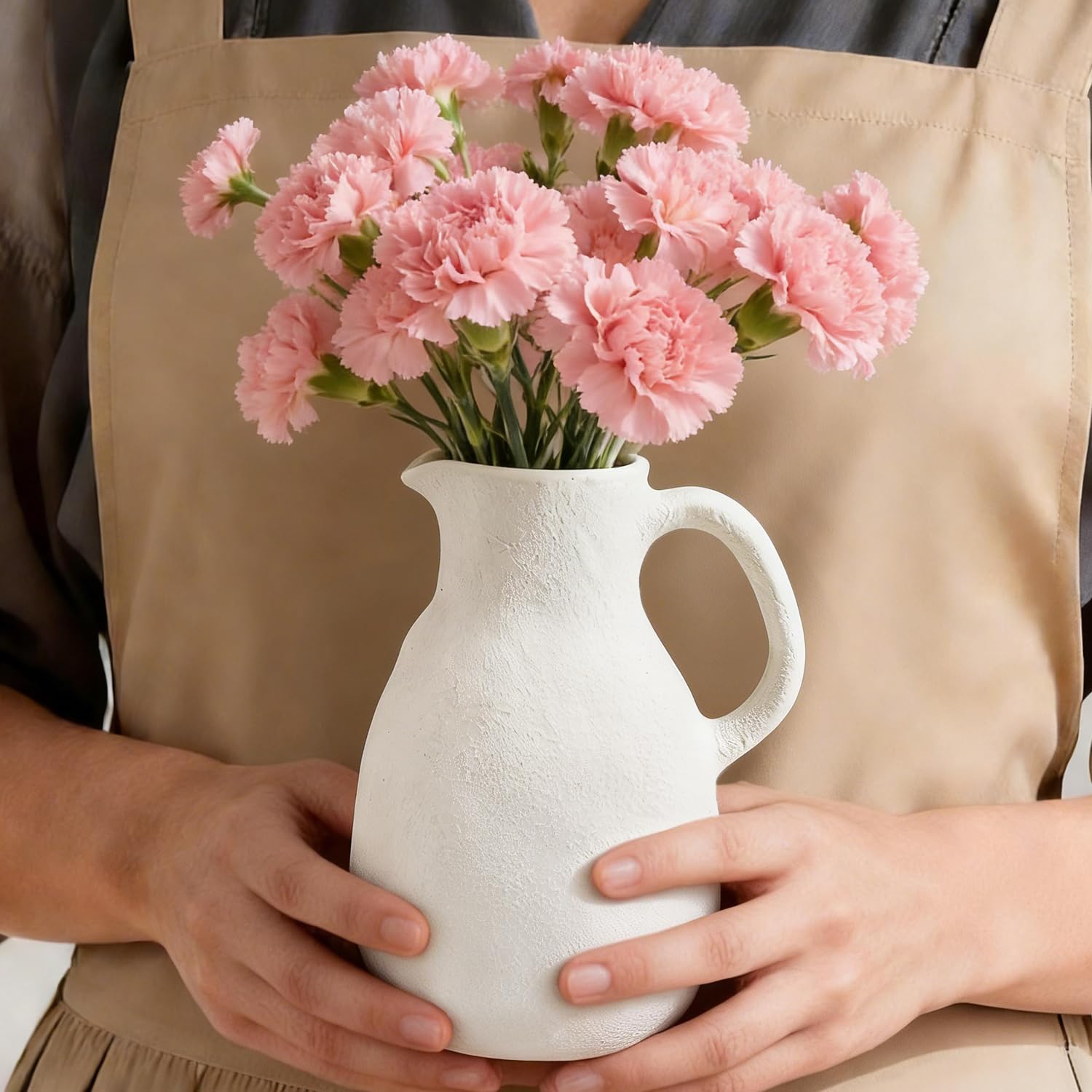 Ceramic Flower Vase 8 inch White Farmhouse Vase with Handles for Home Decor Vintage Rustic Decorations for Bathroom, Living Room, Entryway, Wedding