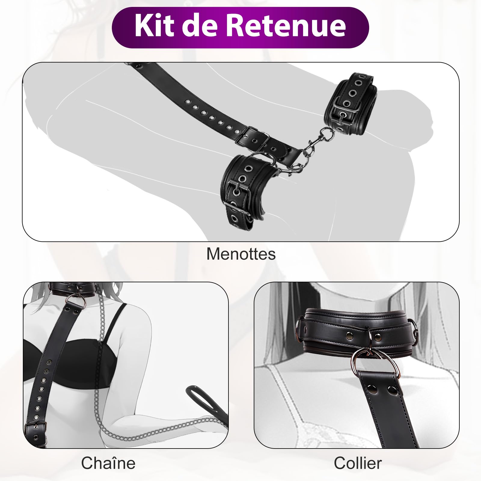 Sex Toýs Couple Femme BDSM Kits de Bondage Menottes Sex Lit,Retenue du Cou au Poignet avec Chaîne Traction, Réglables Menottes Sexy Érotique et Collier Sex Toys pour Adulte Couple Jeu de Rôle Play