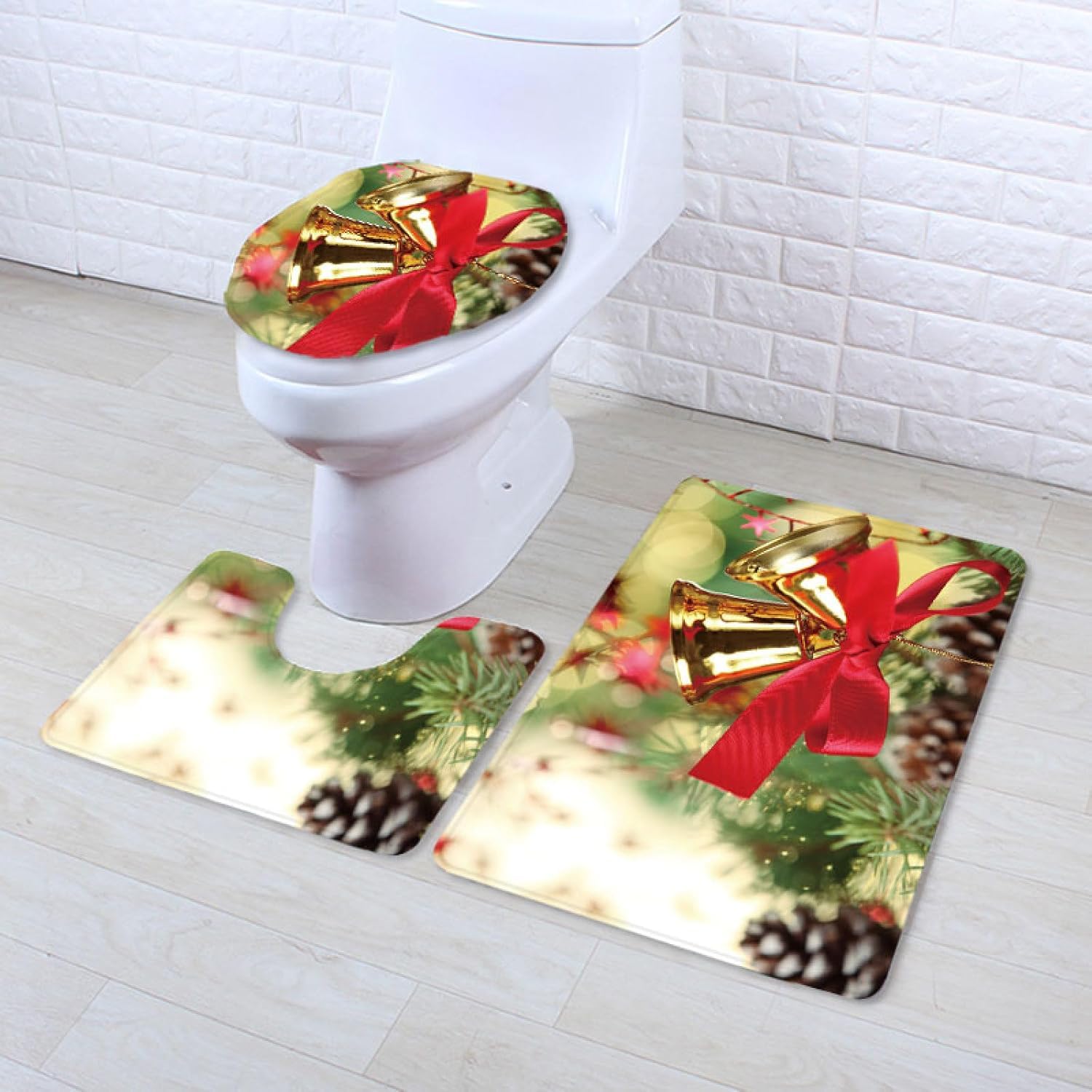 Set di tappetini da Bagno 3 Pezzi Golden Bell Antiscivolo per Bagno Tappeto Lavabile in Memory Foam Tappeto copriwater tappetini a Forma di U 50x80 cm