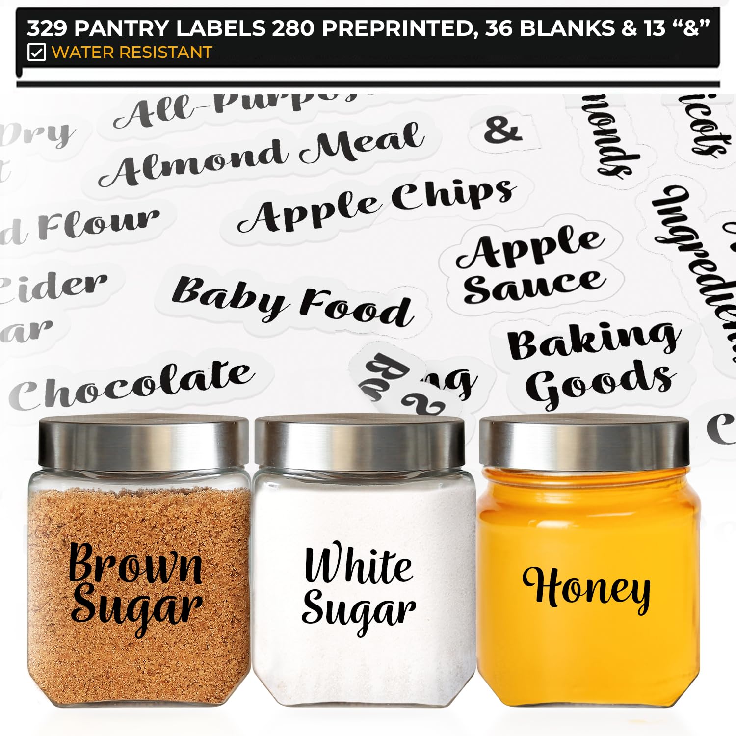 329 Preprinted Pantry Labels for Containers: Clear, Water-Resistant Kitchen Labels to Organize Storage Containers & Jars, Easy-to-Use Labels for Food Containers with an Additional Write-on Sticker