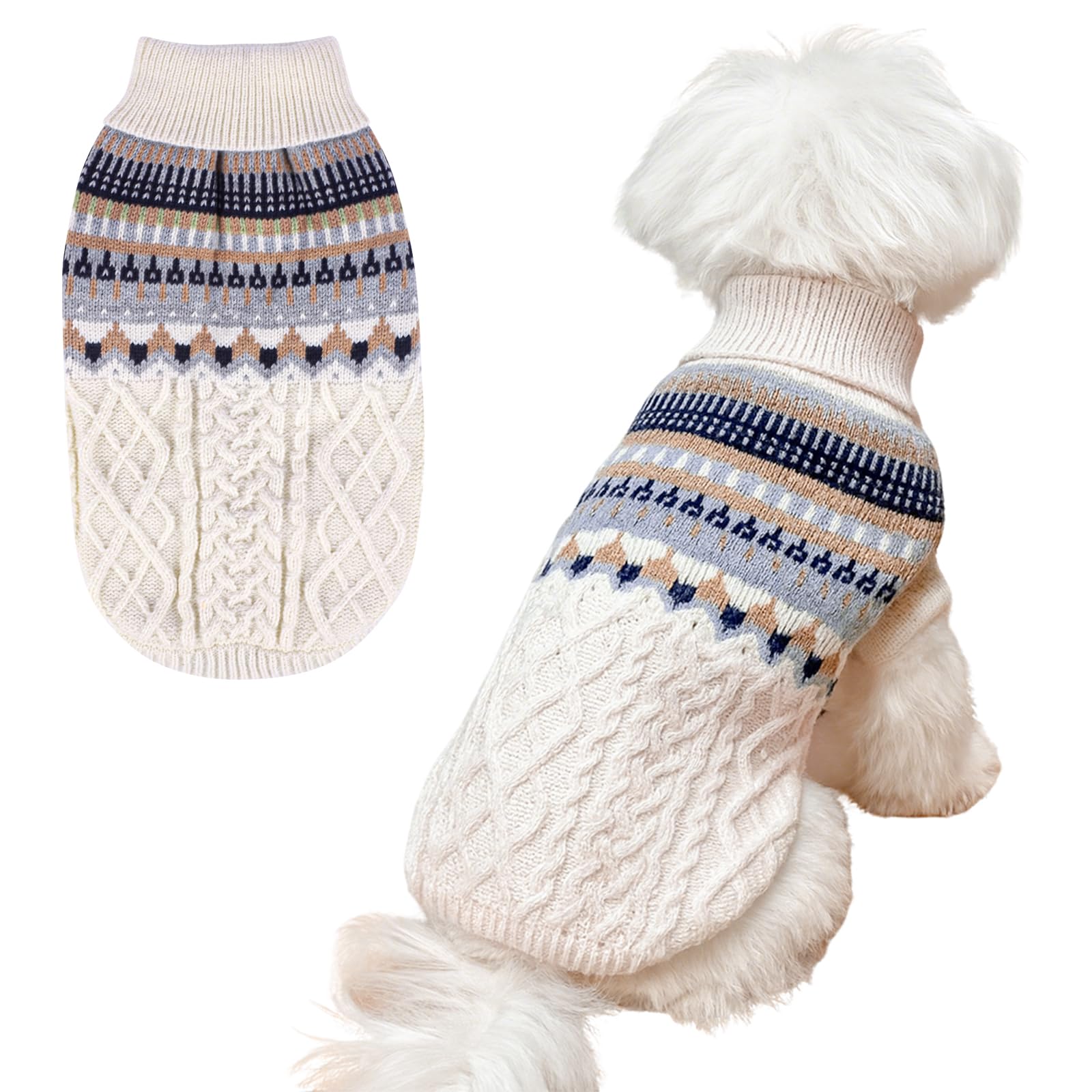 Fnaobai Knit Dog Sweater Turtleneck Cat Cold Weather Pullover Pet Vintage Cable Thick Warm Winter Clothes for X Small Dogs Cats Medium Pug Dachshund Yorkie (Beige, XS)
