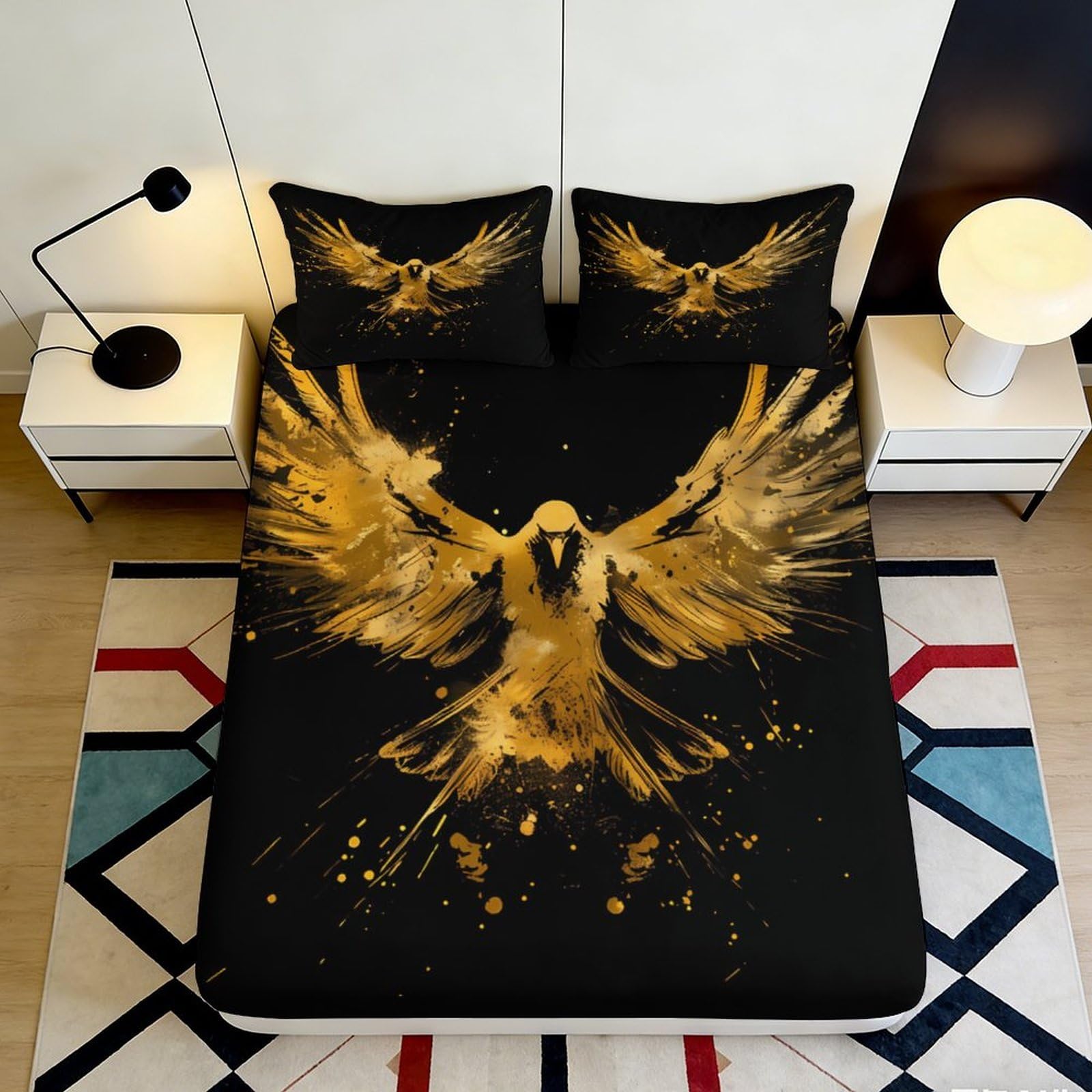 3D Printed Golden Eagle Fitted Sheet Microfiber Soft Breathable Black Bird Mattress Cover for Bedroom Dormitory Guest Room Protection Decoration 160x200x25cm