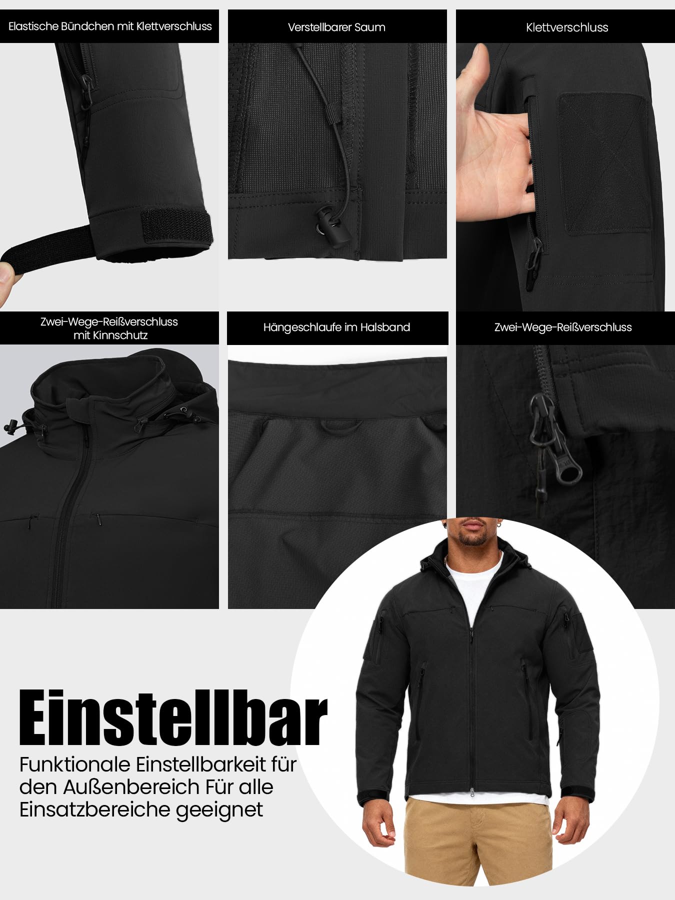 Jacke Herren Leichte Taktikjacke mit Kapuze Softshelljacke 9 Taschen Wasserabweisend Atmungsaktiv Winddichte Wandern Camping Laufen