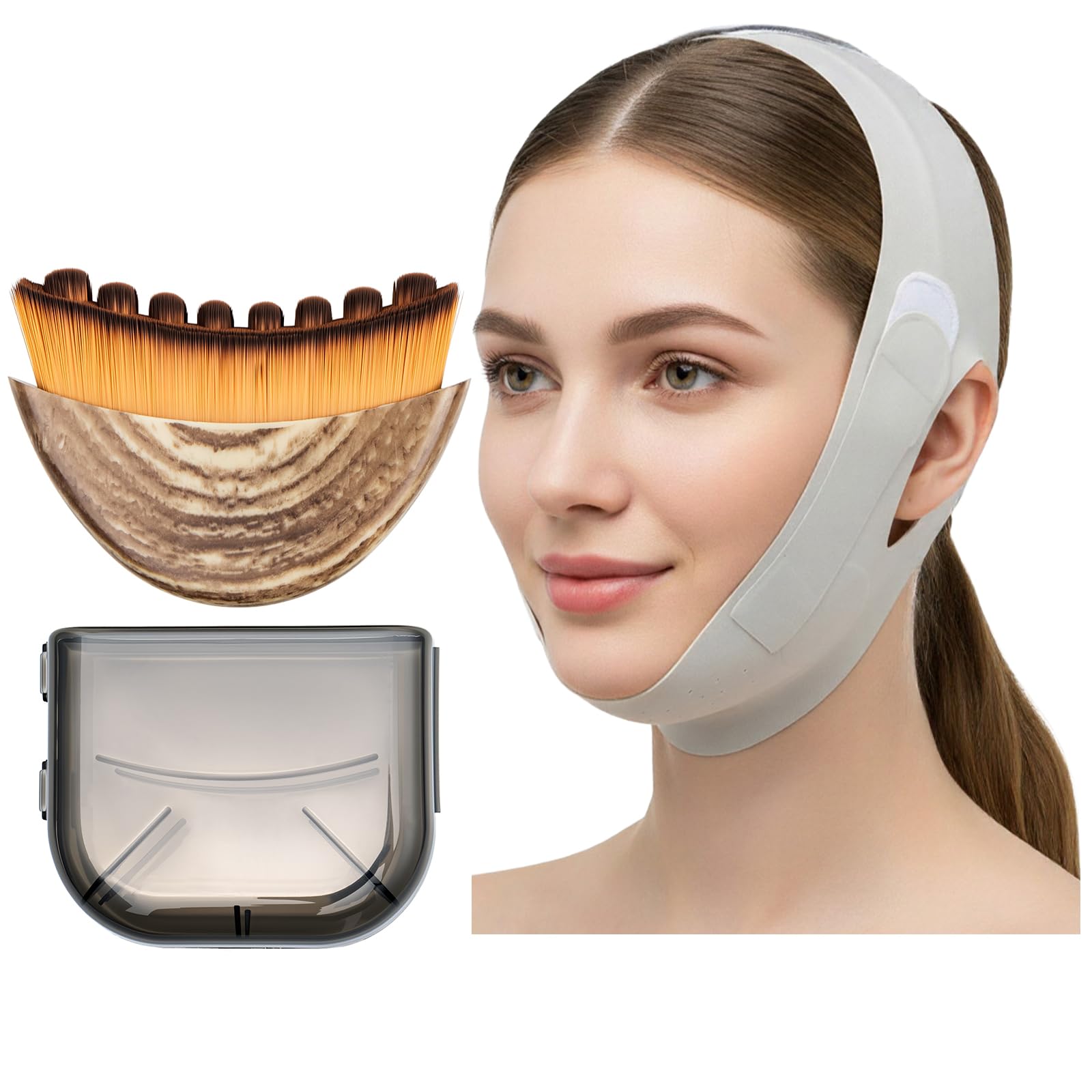 Lymphatic Contour Face Brush & V Line Lifting Mask, 2Pcs: Dry Brush Lymphatic Drainage Massager & Green Chin Strap for Sleeping, Jawline, Chin Sculpting and Lifting Set, Skin Care Gifts for Women