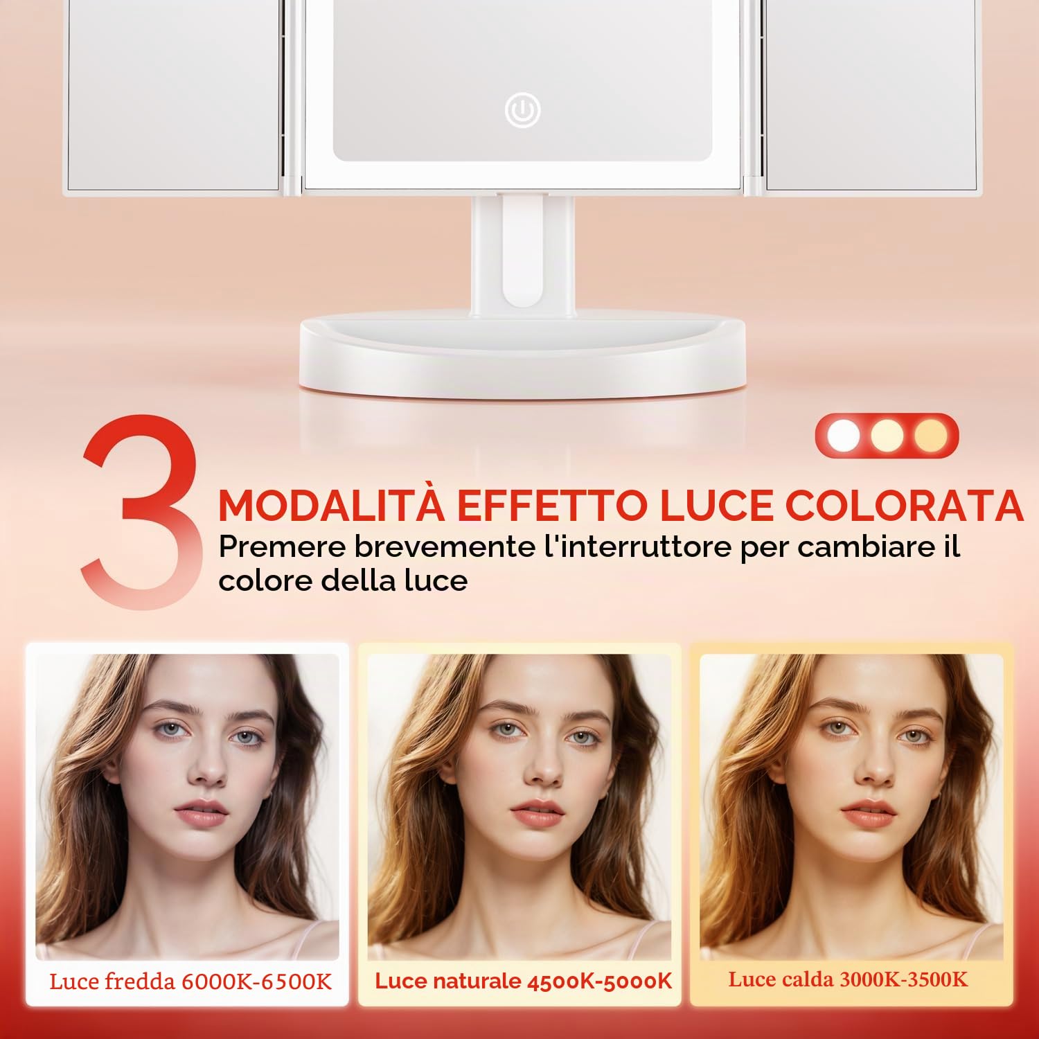 Auxmir Specchio Trucco con Luci Ricaricabile 2000mAh, Specchio Ingranditore 10X/5X/1X, Luminosità Regolabile, 3 Colori di Luce a 68pz LED, Ideale Regalo per Casa e Viaggio