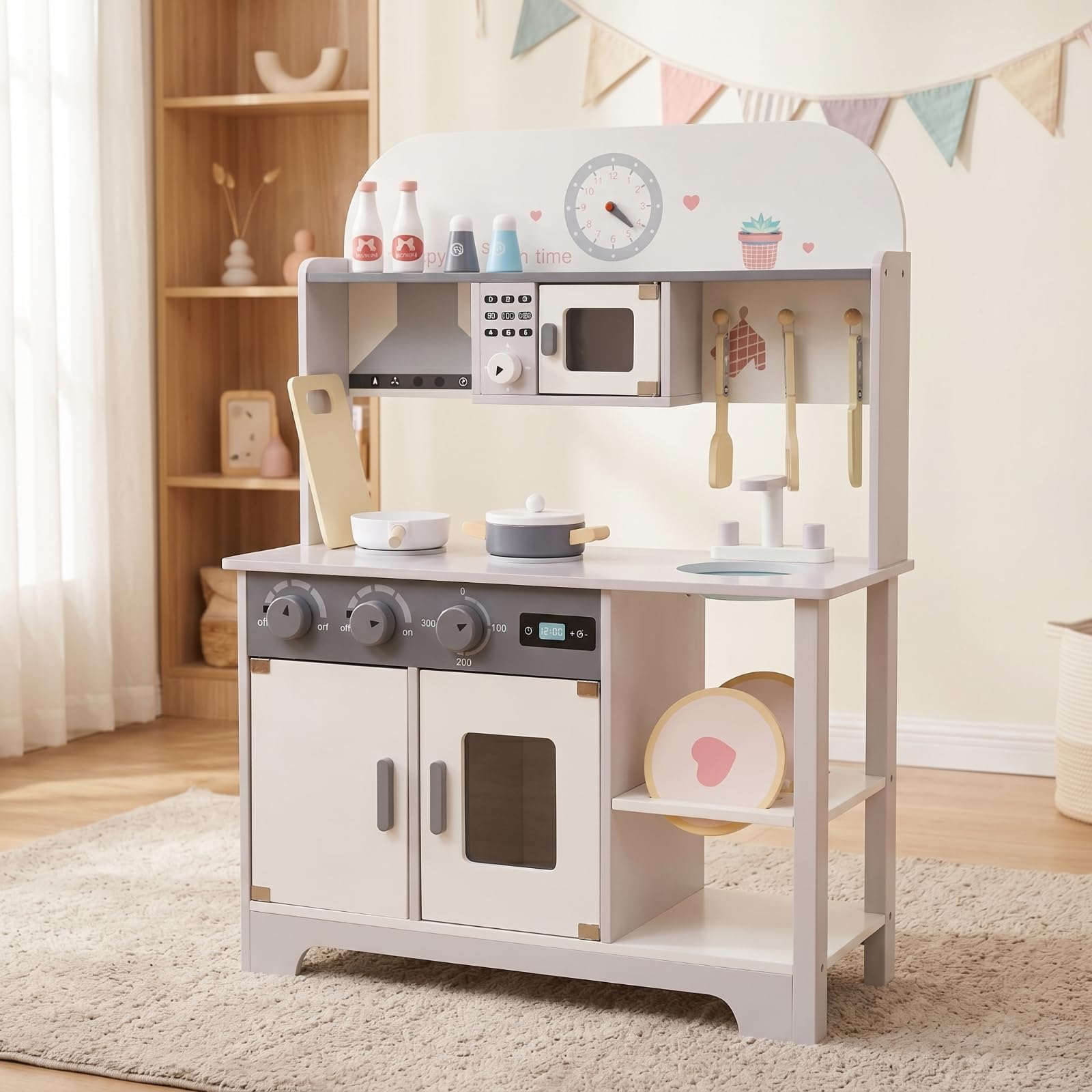 Kinder Spielküche Holz Spielküche Kinderküche Küchenzeile mit Herd Mikrowelle Backofen Und Spülbecken Inklusive Und Haken für Zubehör Freistehend mit, Weißgrau