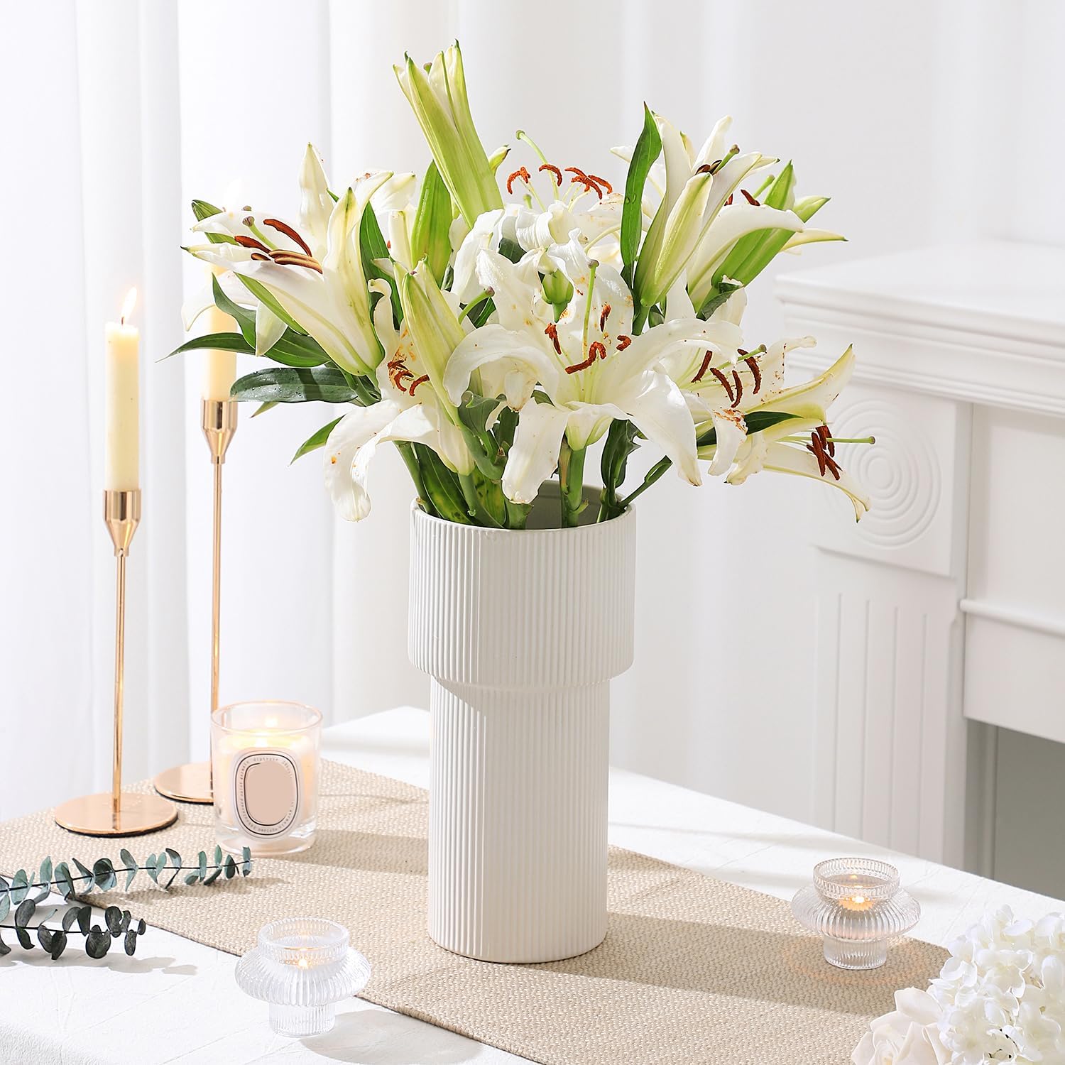 White Ceramic Flower Vase, Decorative Vase for Pampas Grass, Ribbed Vases for Decor, Boho Vases for Living Room, Office, Mantel, Shelf, Dinning Table, 10 Inches - Image 4