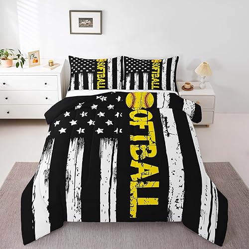 USA Flag Comforter Set Baseball Softball Bedding Set Twin,White Black Striped Stars Quilted Duvet Sports Ball Game Down Comforter Retro Style for Kids Boys Teens Men Bedroom Décor with 1 Pillow Case