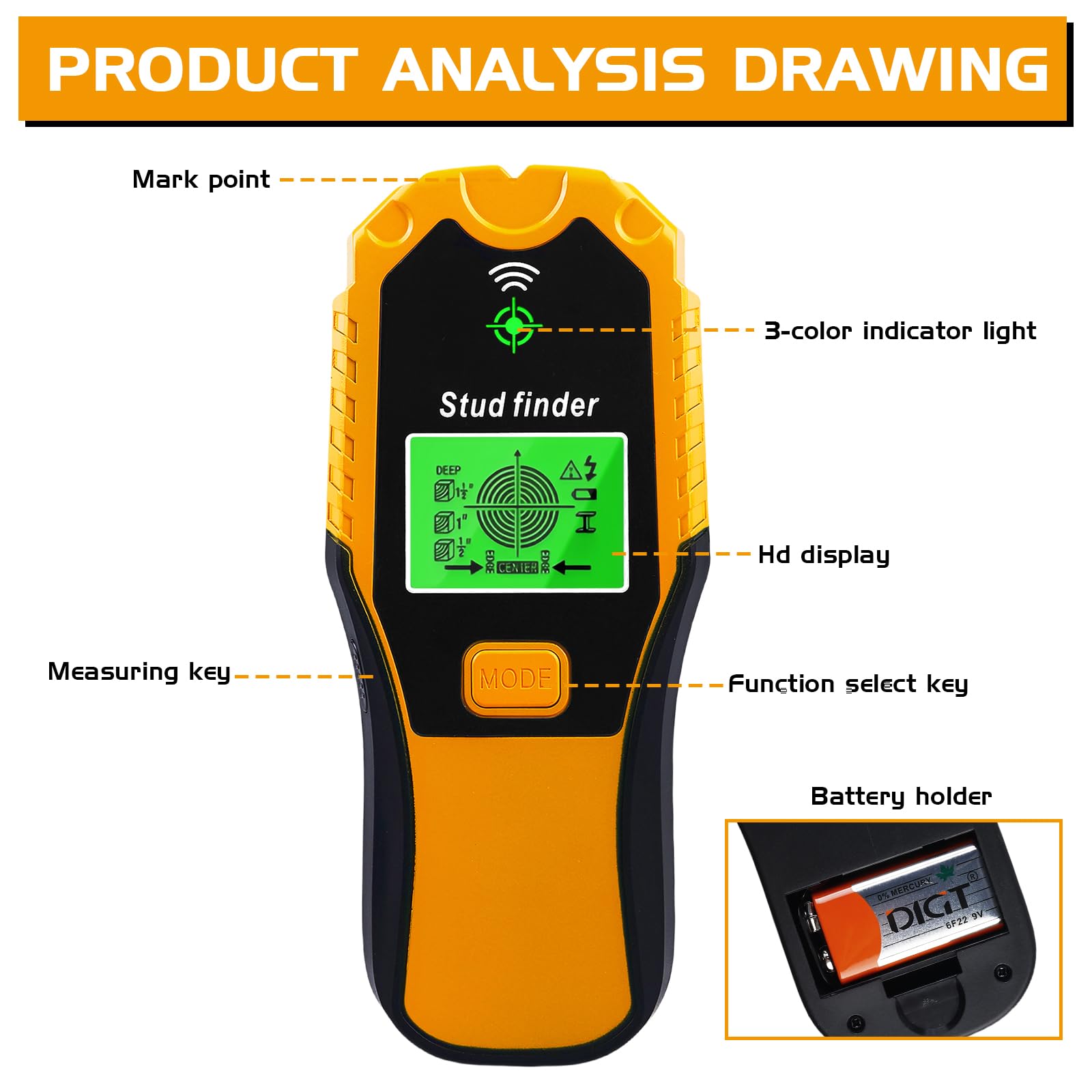 Détecteur Mural, 5 En 1 Détecteur De Métaux, Détecteur De Cable Électrique, Scanner Mural, Professional Localisateur, Détecteur De Montant Avec Ecran Lcd, Pour Bois, Fil Ac, Métal