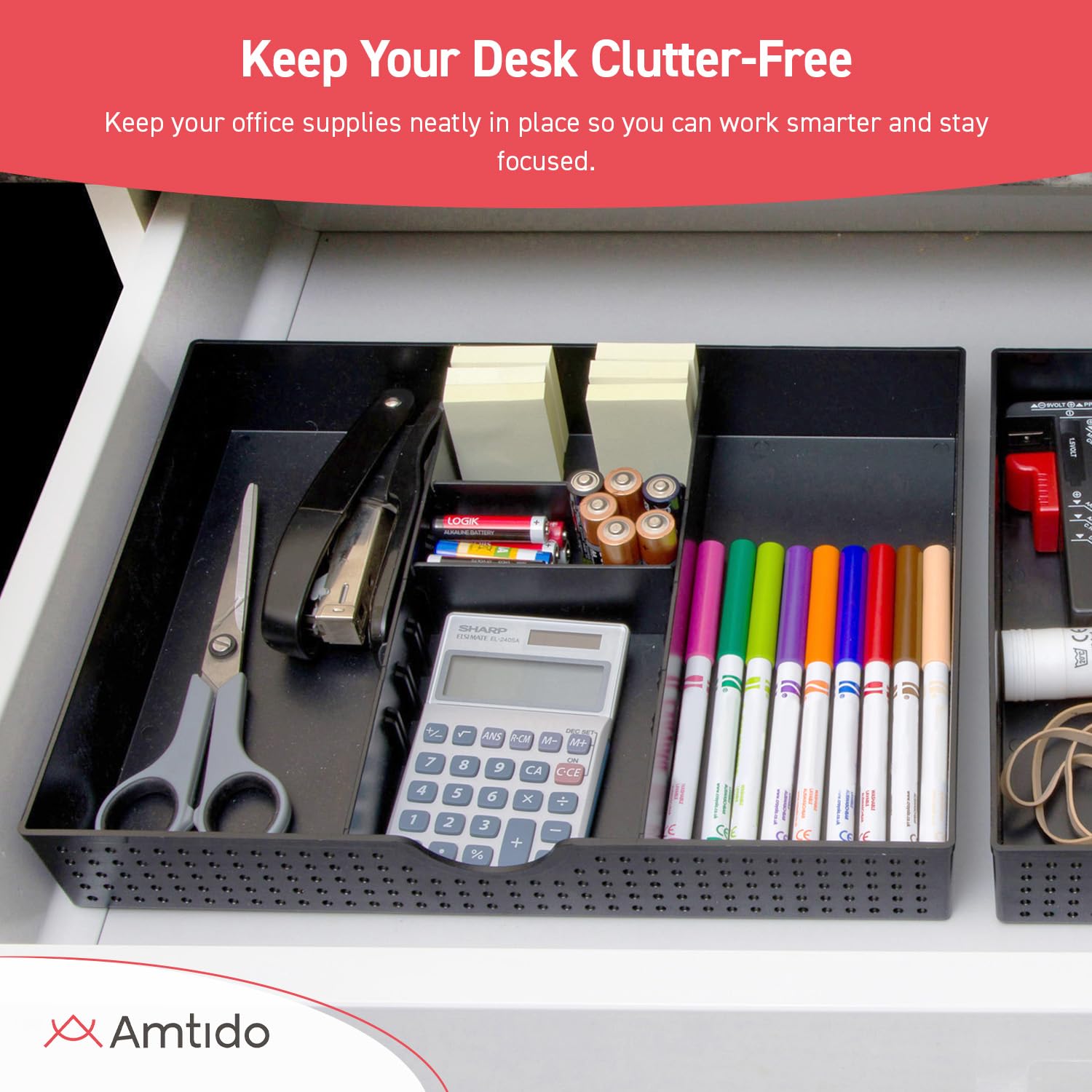 Amtido - Organizer per scrivania con cassetto e accessori per cancelleria da ufficio – 3 scomparti con 2 divisori regolabili – nero – 2 pezzi
