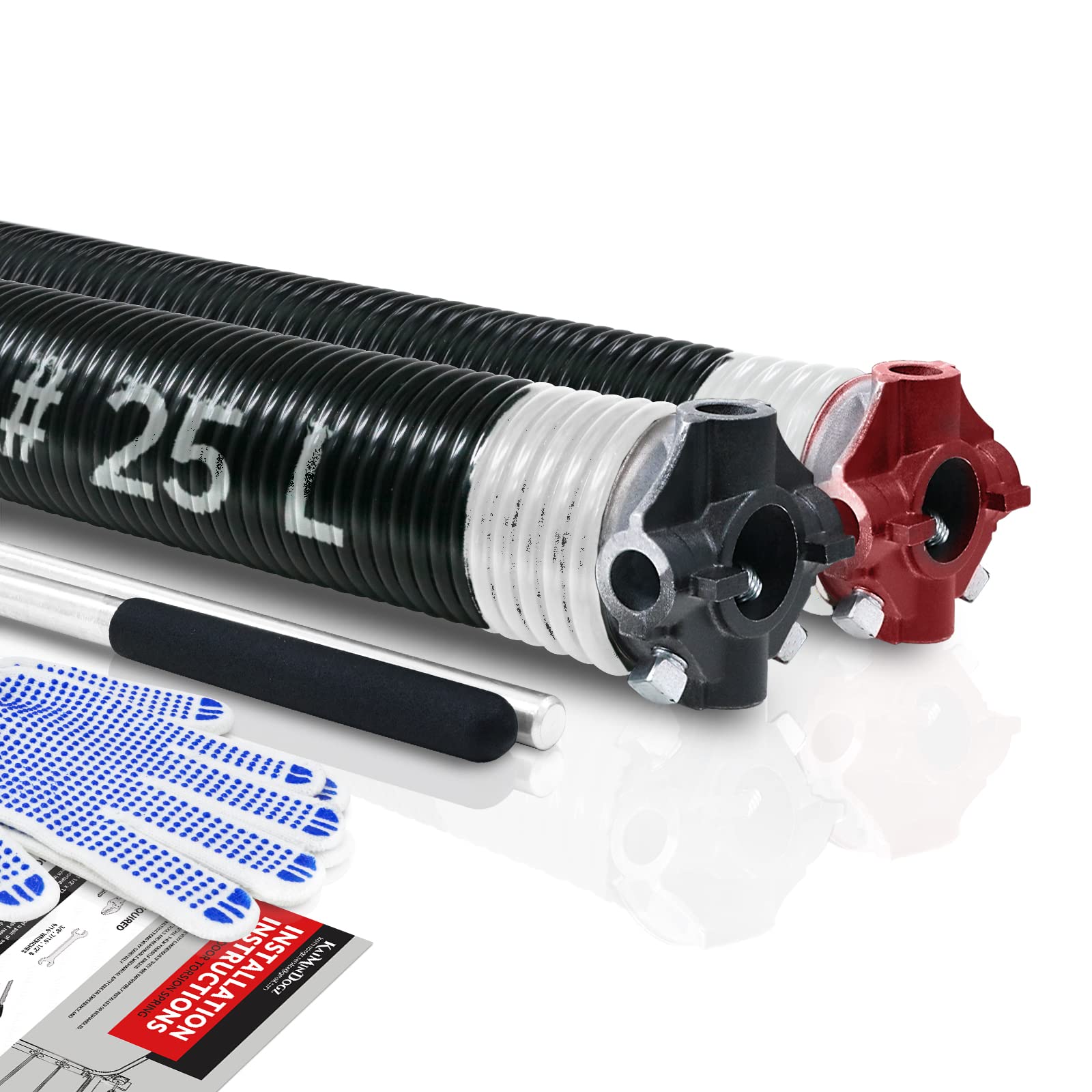 Pair of 2" Garage Door Torsion Springs Set with Non-Slip Winding Bars & Gloves, High Quality Precision Electrophoresis Black Coated, for Replacement & Installation, MIN 16,000 Cycles (0.218x2''x25'')