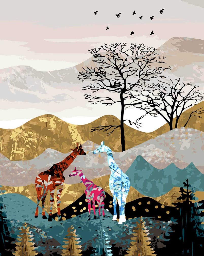 Awesocrafts Paint by Numbers Kits, Giraffe Family Mountains Trees Modern Art Number Painting for Adults 16x20 inch (Giraffe, No Frame)