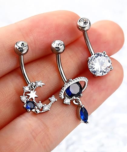 Miniatura 2 de Melighting Piercing de ombligo de acero inoxidable 316L azul de 14G para mujer, circonita cúbica transparente, planeta, ombligo, luna, ombligo,