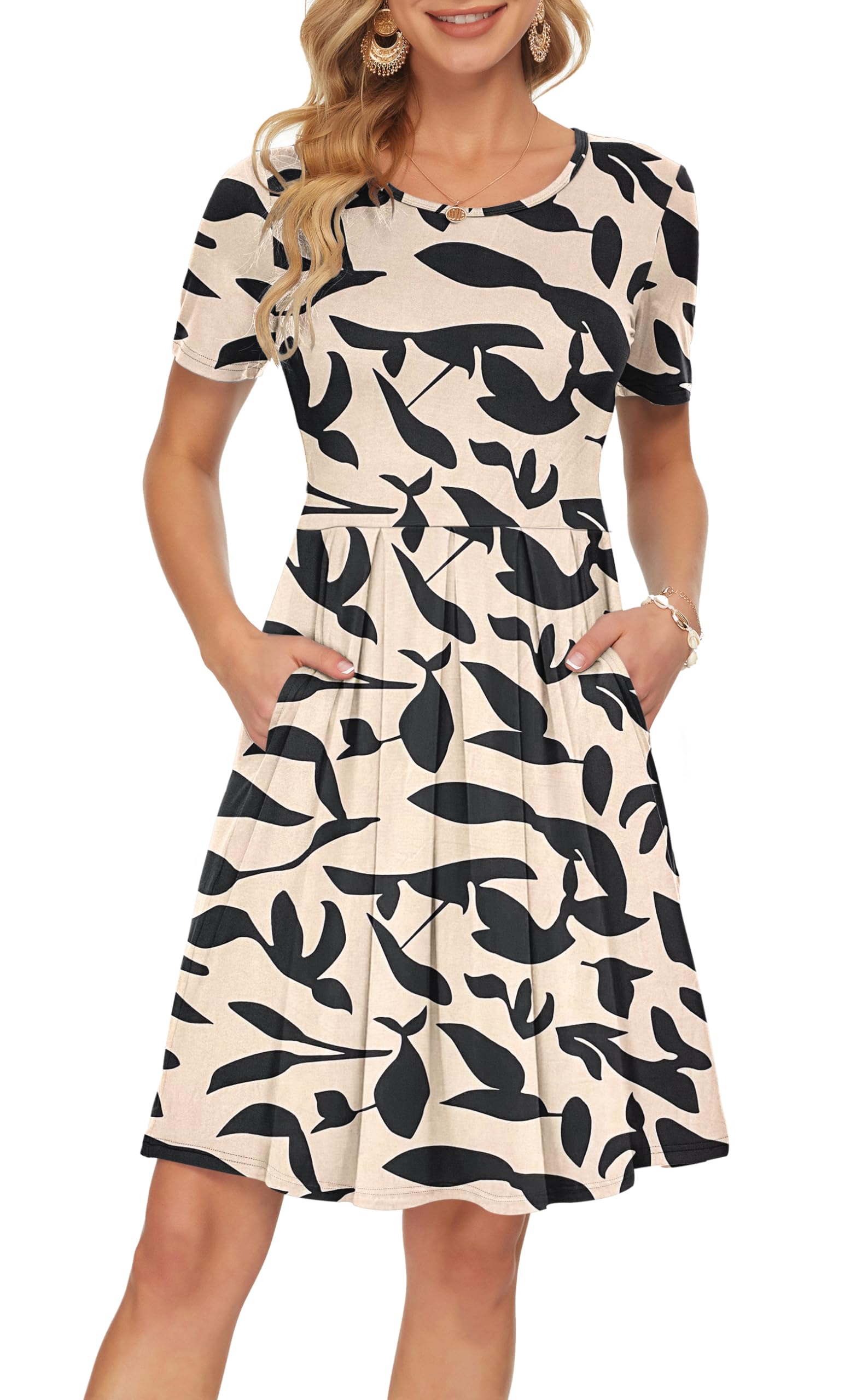 AUSELILY Damen Kurzarm Plissee Loose Swing Freizeitkleid mit knielangen Taschen