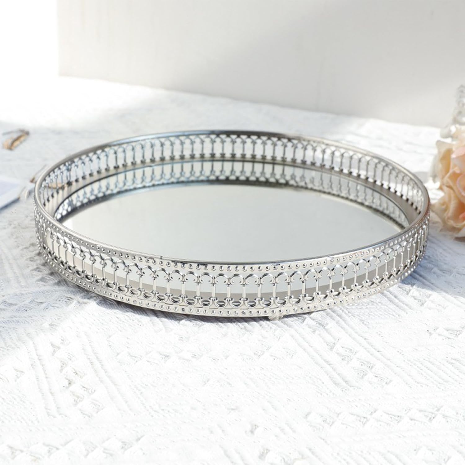 Vanity Jewelry Decor Mirror Tray Gold/Silver Perfume Tray Organizer Bathroom Glass Decorative Storage Tray for Cosmetic Jewelry Makeup Storage Tabletop(Silver Large Round)
