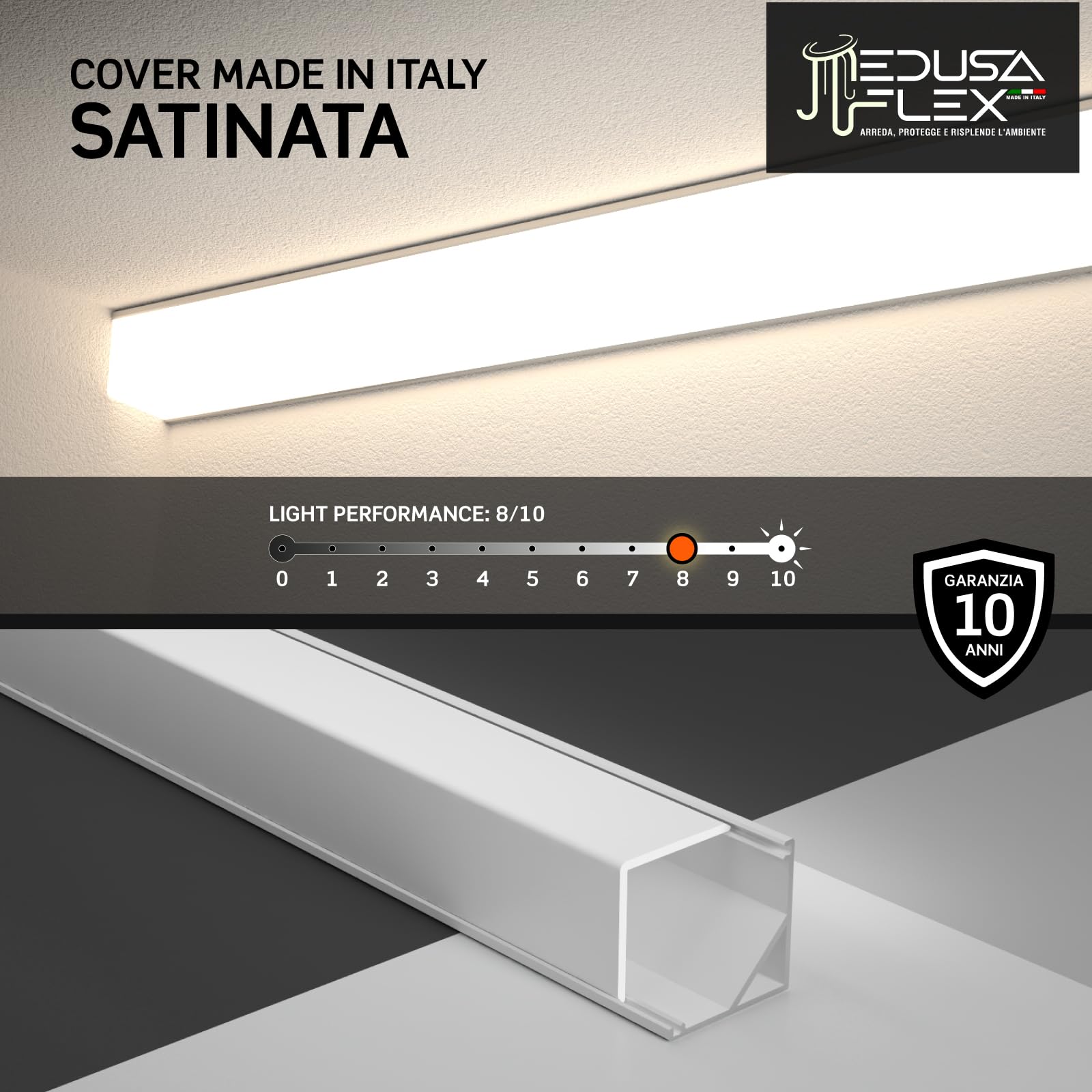 Profilo Alluminio Bianco Angolare per Strisce LED con copertura Professionale Satinata Made in Italy MedusaFlex CUBO in Policarbonato - Pacco da 10 (20m) 2000x15.8x15.8mm Cover standard opaca inclusa