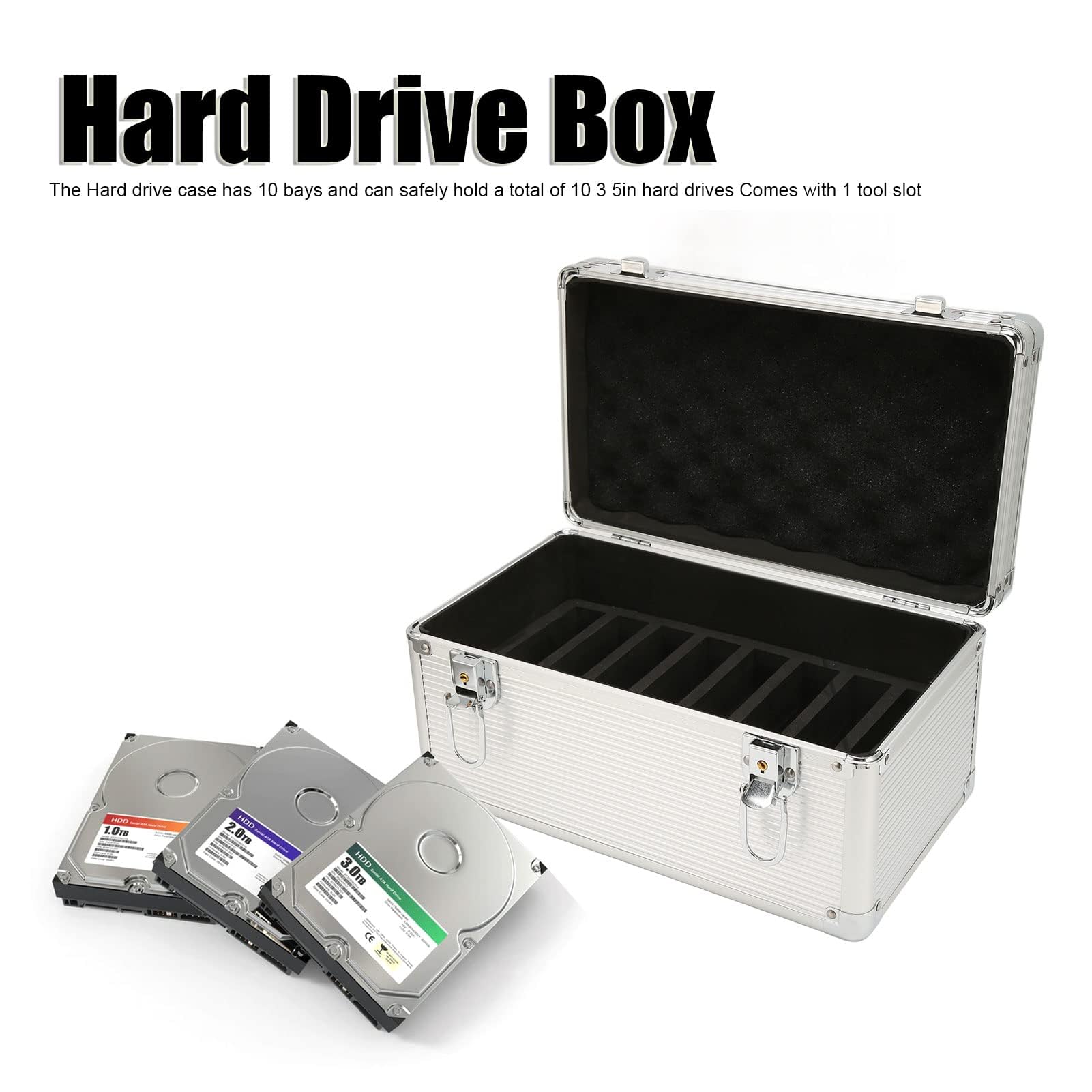 Caja de Almacenamiento para Disco Duro de 3,5", Maleta con Caja de Almacenamiento para Disco Duro con 10 Bahías, Estuche de Transporte para Disco Duro Externo con Diseño de Bloqueo de Seguridad