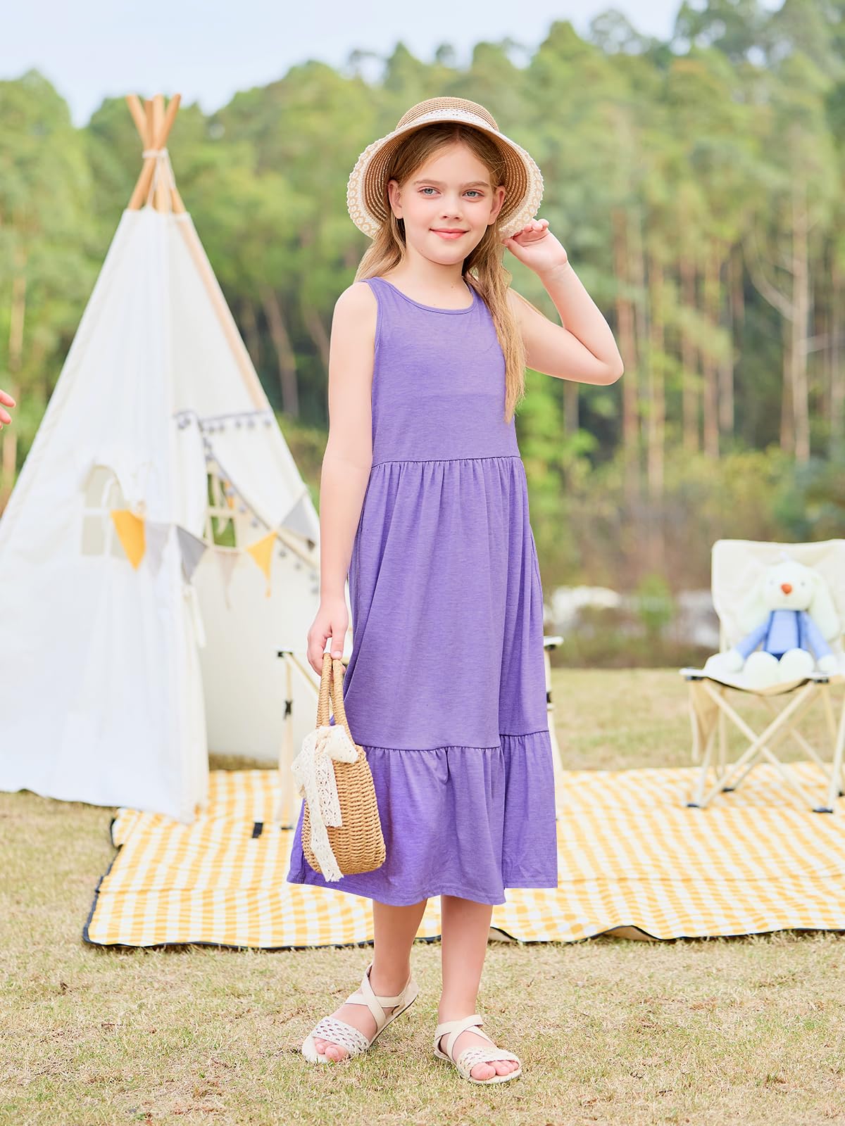 Vestidos de niña de verano sin mangas cuello redondo tirantes casual largo