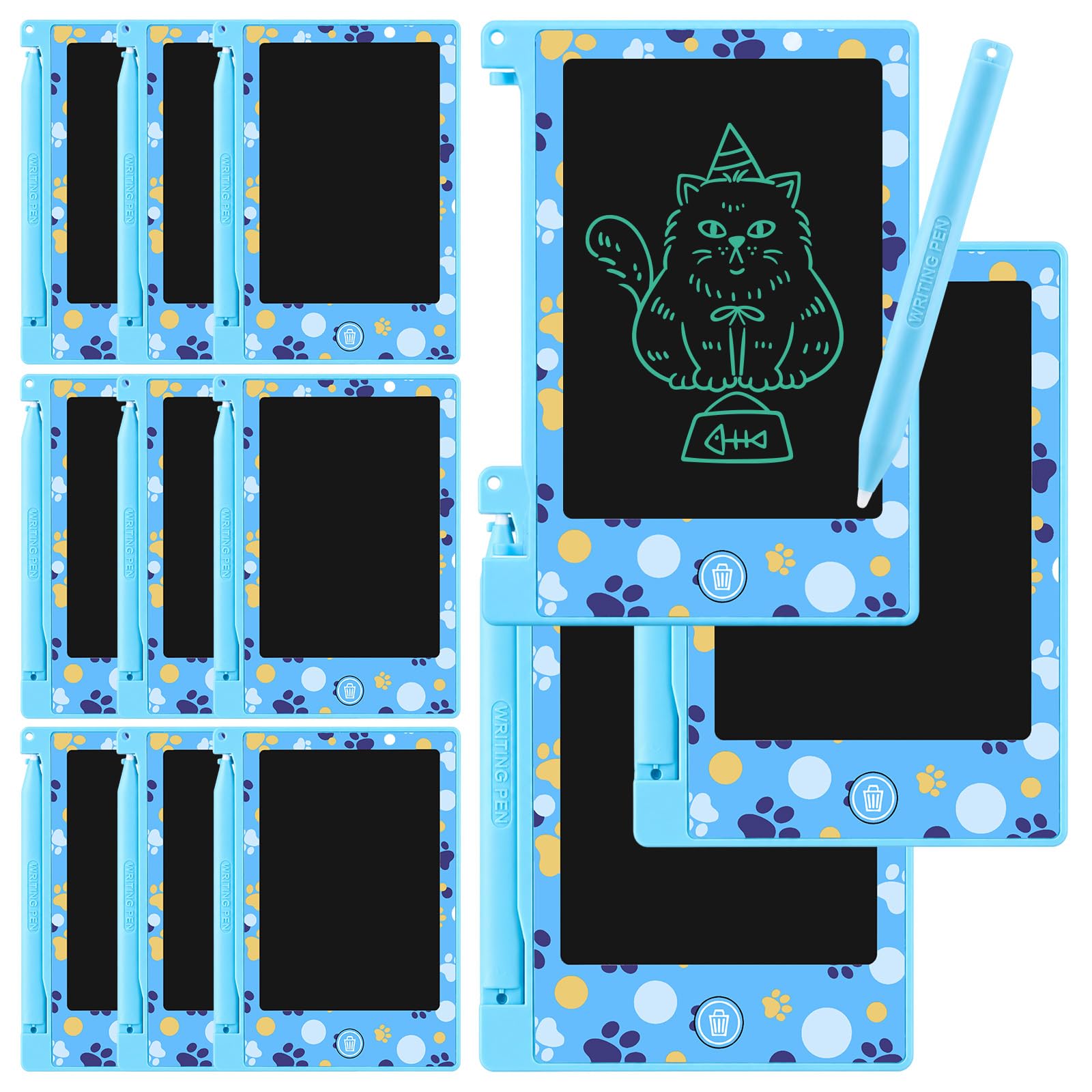 Zonon Lot de 12 mini tablettes d'écriture LCD en forme de patte de chien bleues de 11,9 cm, tampons de dessin électroniques effaçables et réutilisables pour fête d'anniversaire