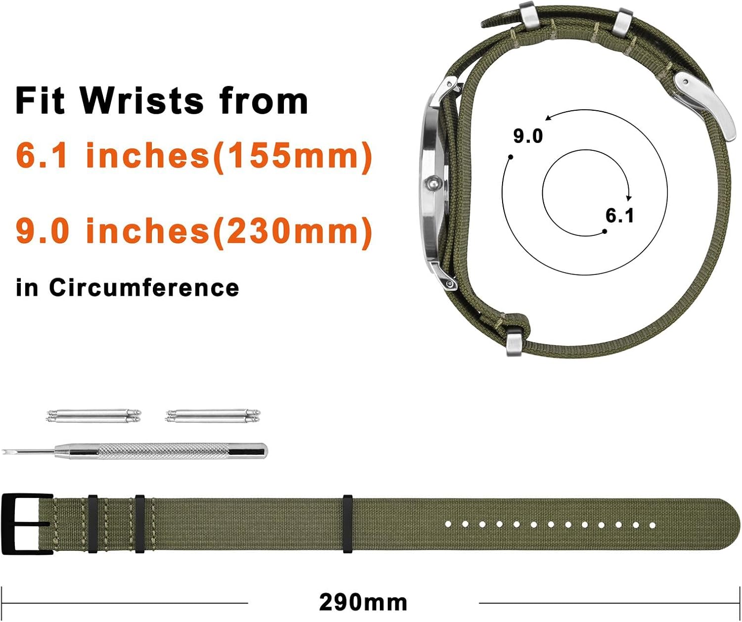 ANNEFIT Nylon Watch Band 16mm 18mm 20mm 22mm, One-Piece Waterproof Military Watch Straps with Heavy Buckle