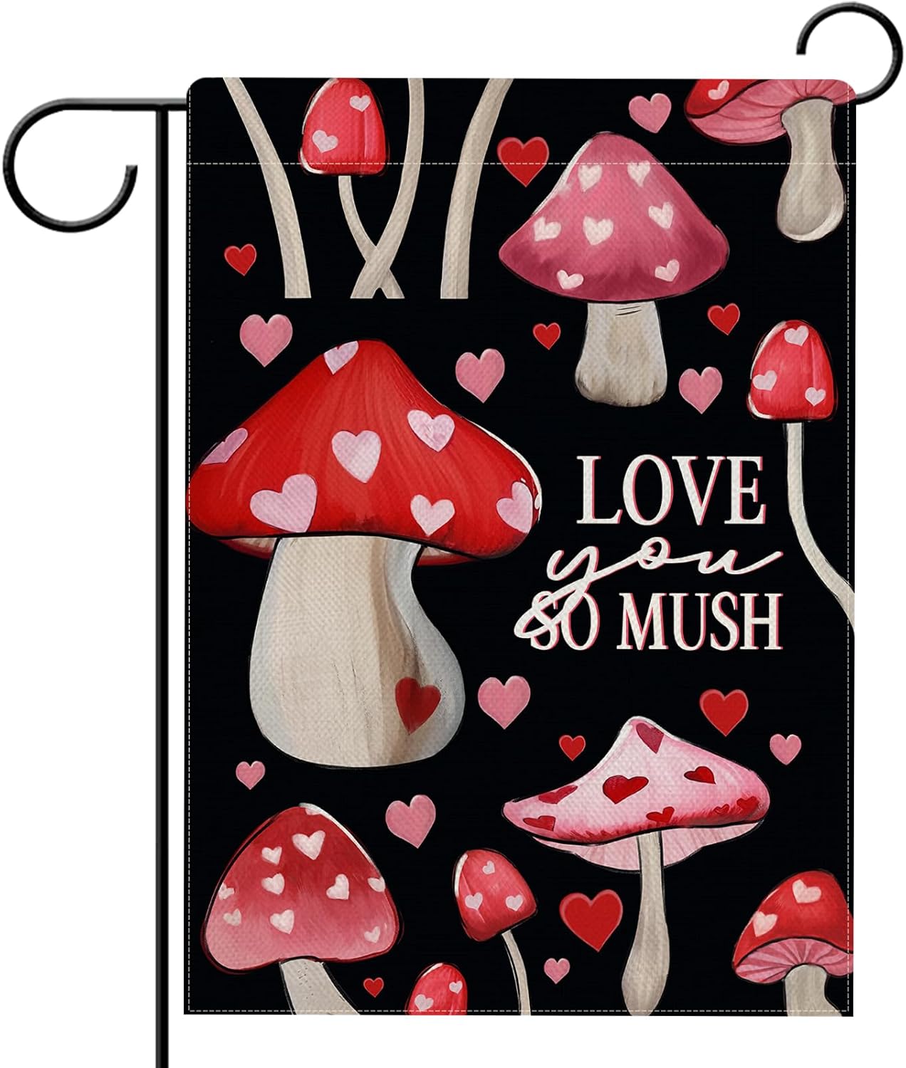 Hzppyz Valentine's Day Mushroom Black Garden Flag Double Sided, Love You So Much Pink Red Hearts Decorative Yard Outdoor Home Small Decor, Anniversary Wedding Holiday Burlap Outside Decoration 12 x 18