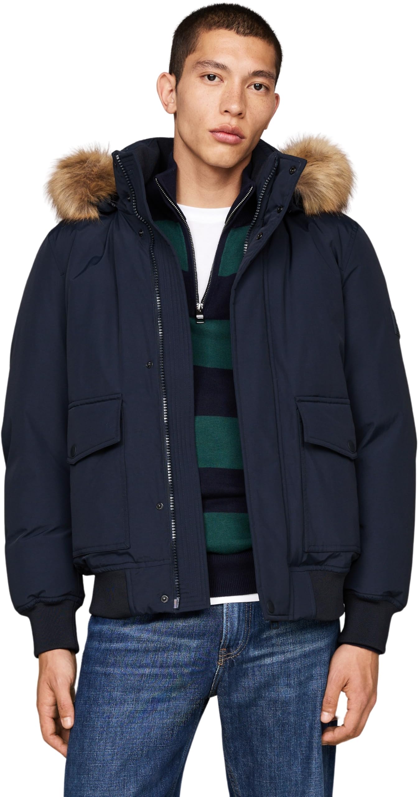 Tommy Hilfiger Herren Jacke Rockie Down Bomber abnehmbare Kapuze