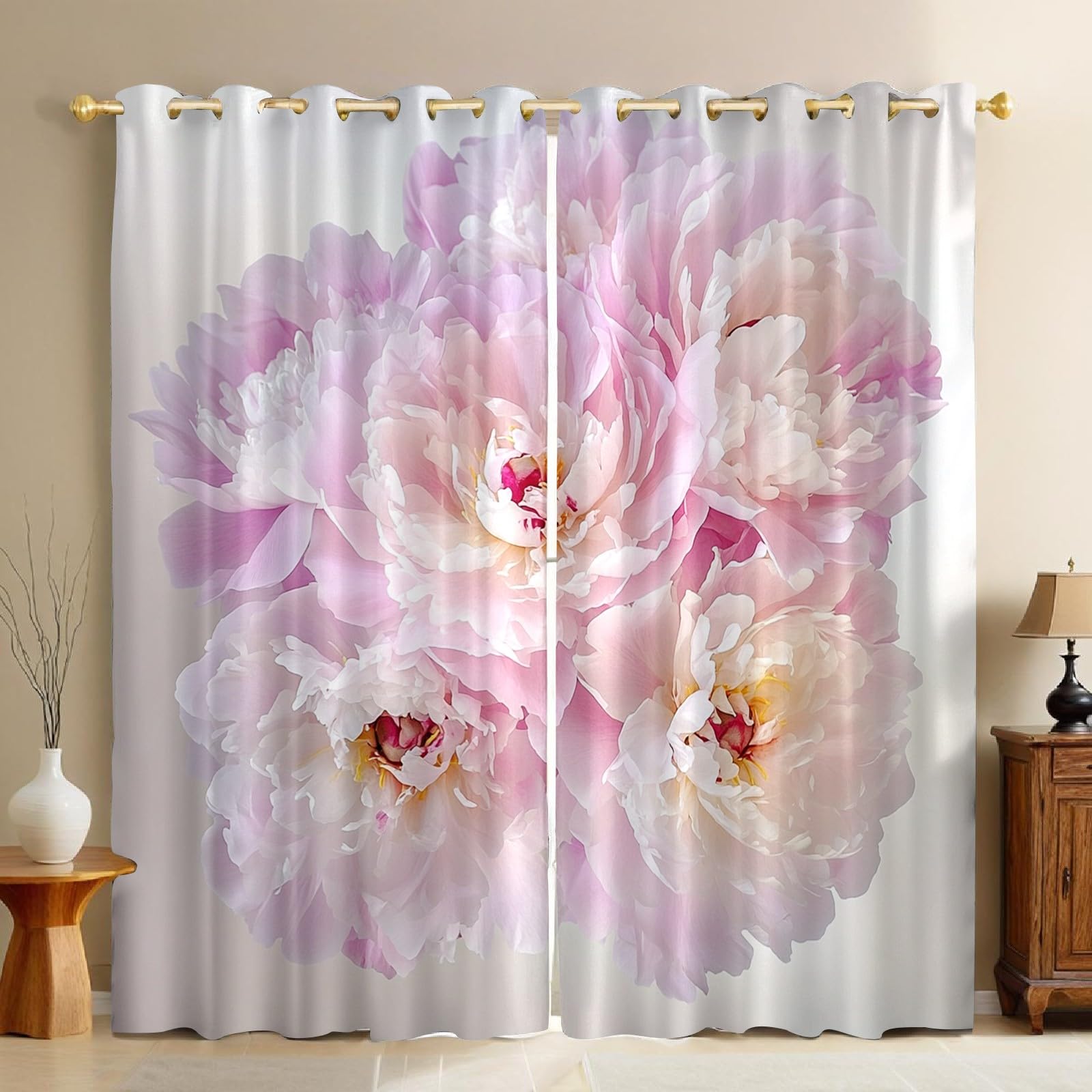 Rideaux occultants imprimé pivoine rose tissu polyester lourd isolant phonique de qualité