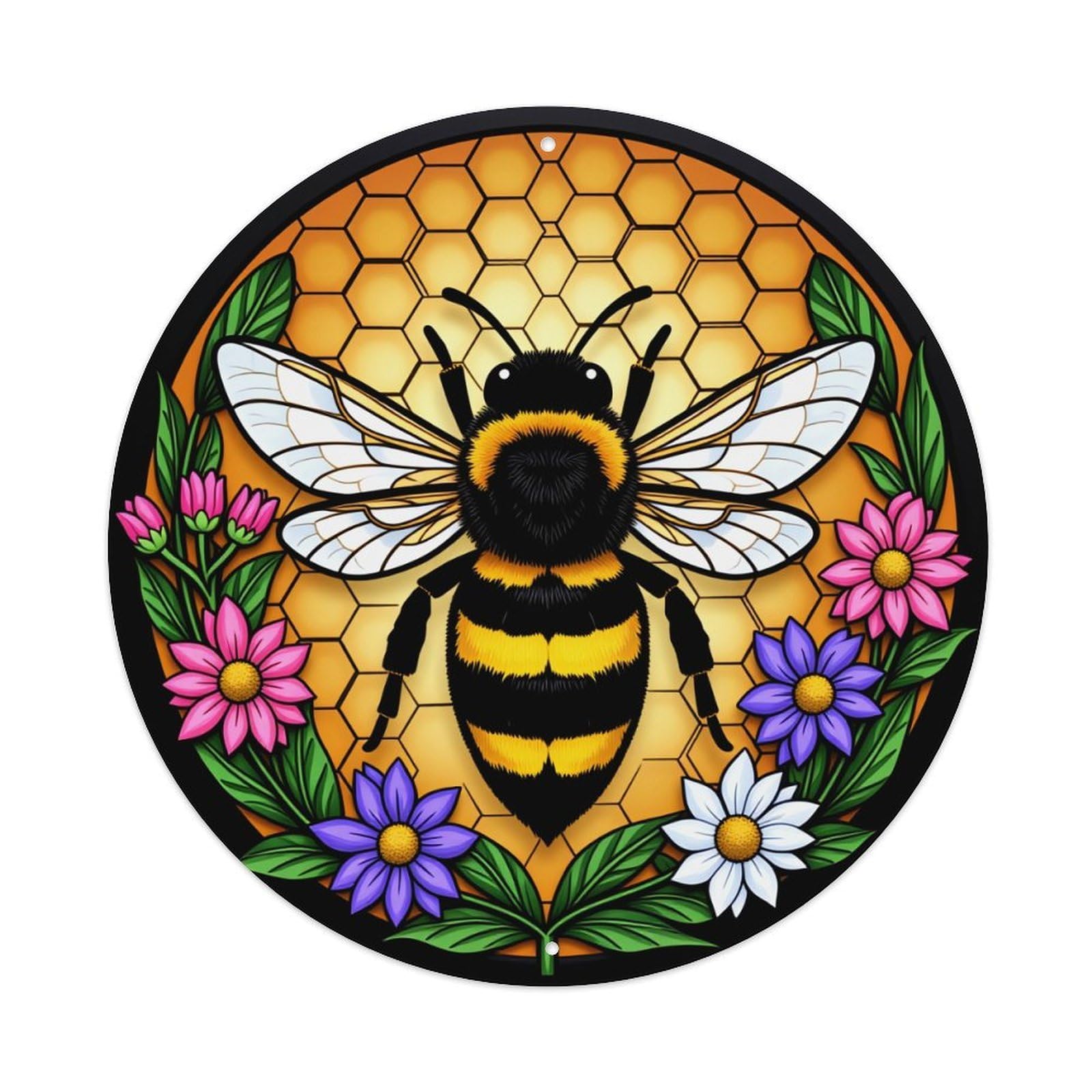 Bee Honeycomb Flowers Stained Glass Art Round Tin Sign Vintage Metal Poster, Home Bar Garage Man Cave Cafe Indoor & Outdoor Wall Decoration 8x8Inches
