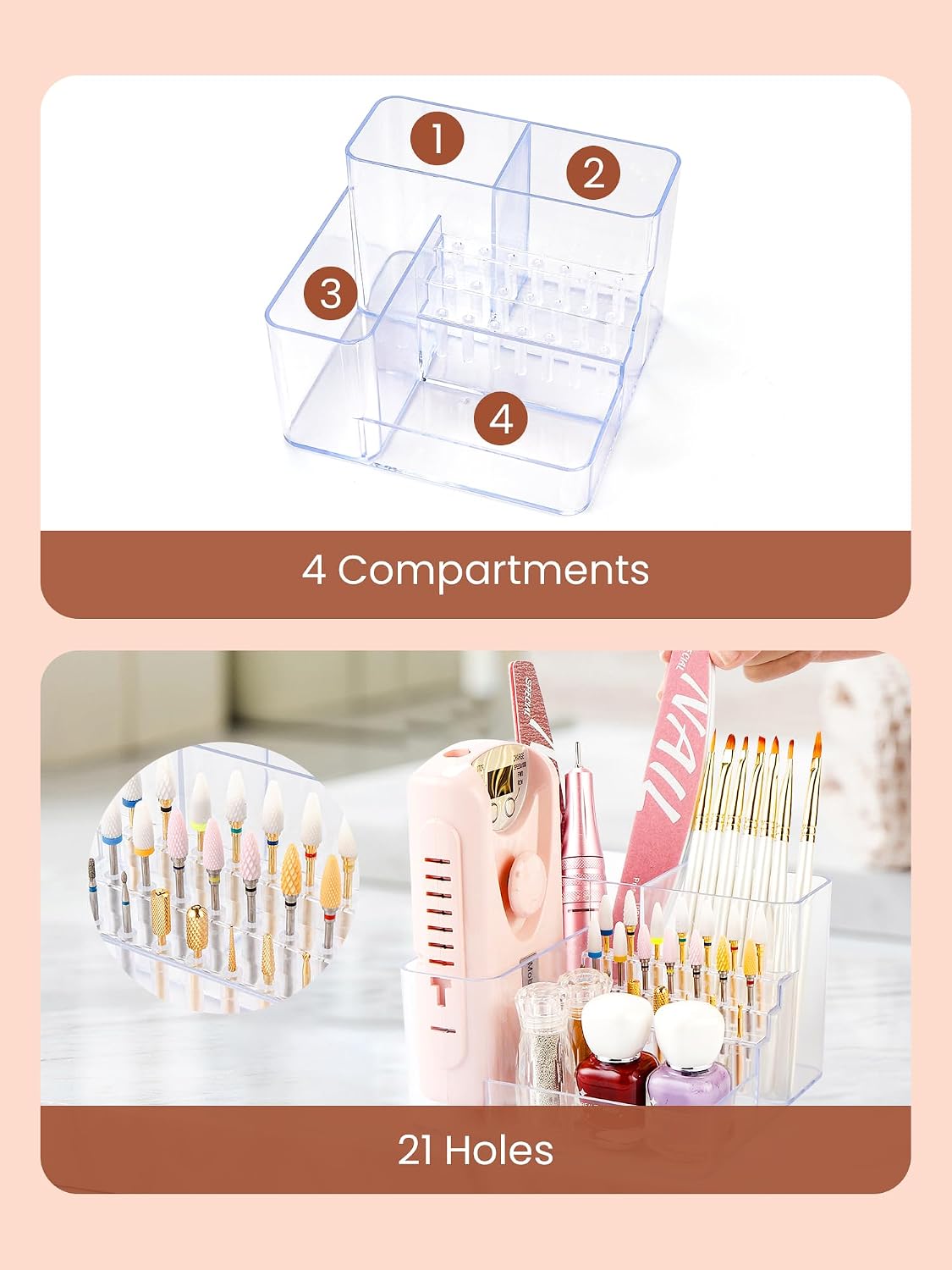 LIARTY Nail Drill Holder Tech - Acrylic Nail Drill Machine Organizer Tools | Professional Small Mini Portable 21 Holes Bits Organizer Storage Box