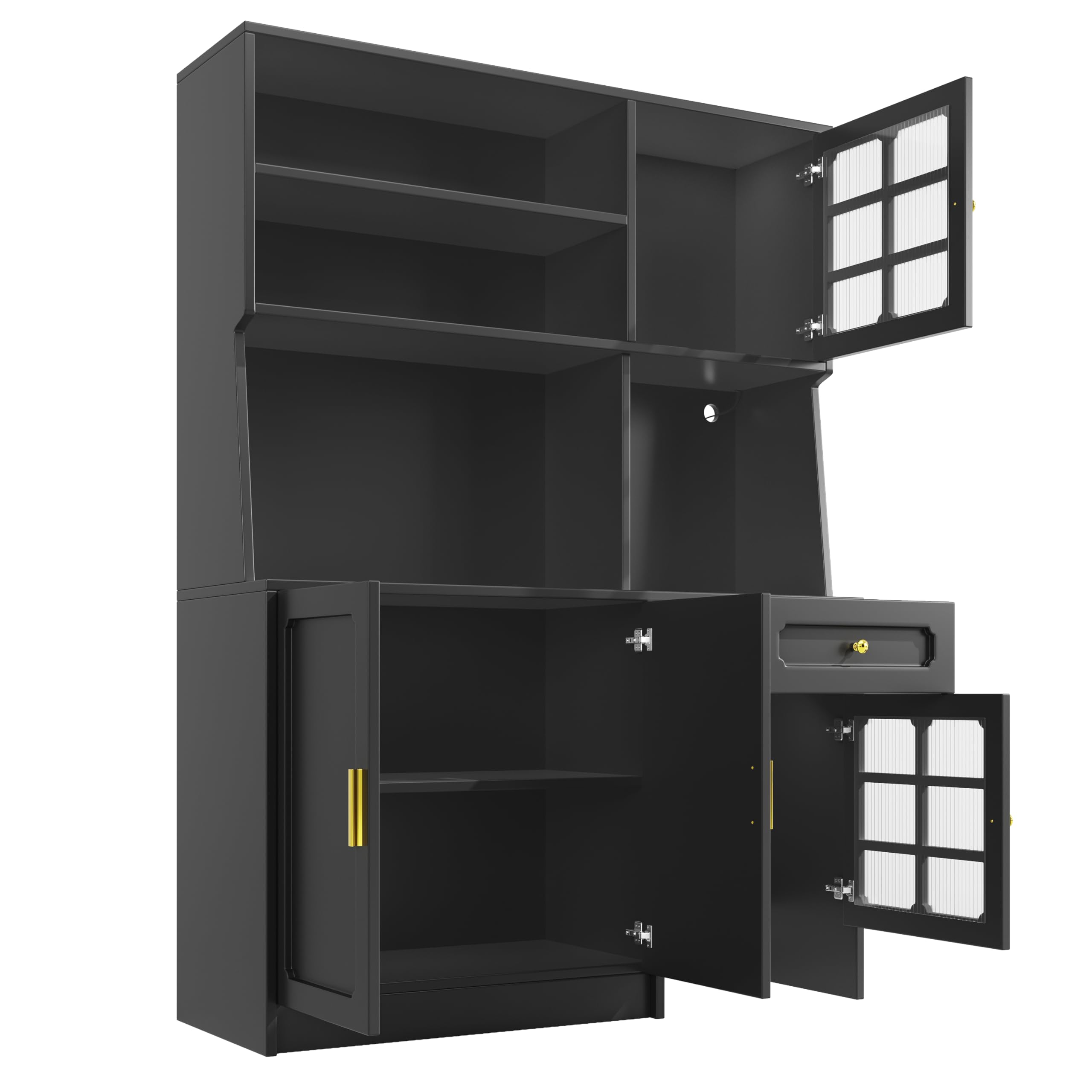 Kebnor Mobile alto da cucina, credenza, armadio da cucina con ante in vetro e illuminazione a LED, nero (130 x 45 x 180 cm)