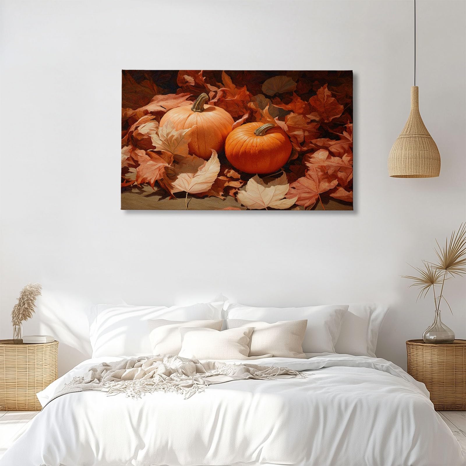 Generisch Modern Pflanzen Herbst Kürbis Blätter Modernes Leinwandbild 90L x 60B cm mit Rahmen, Landhausstil XXL Wanddeko für Wohnzimmer Geschenk Idee Einzug - Hochwertiger Kunstdruck auf Holzrahmen