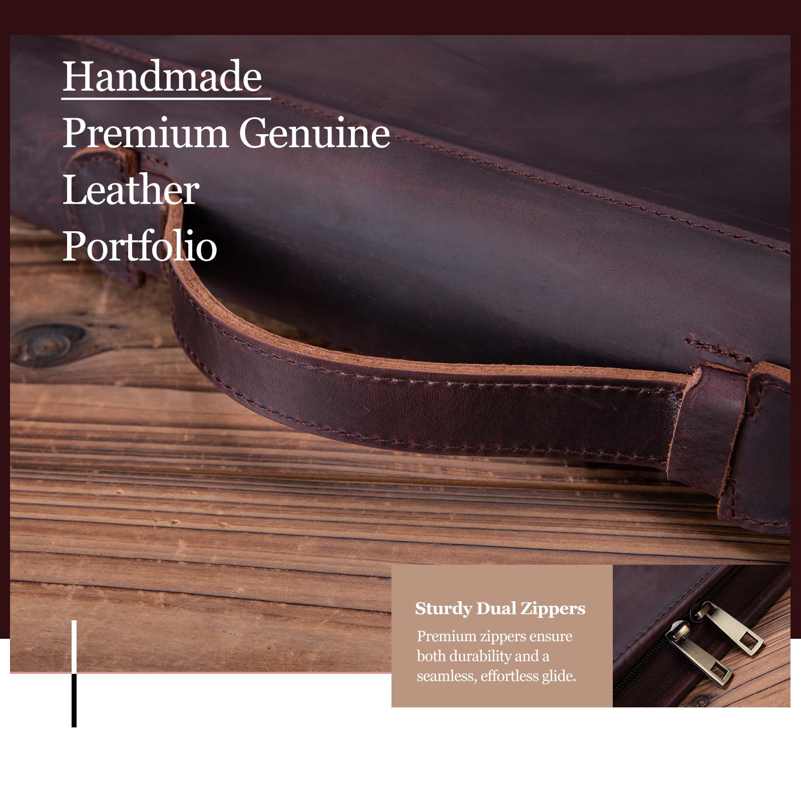 Portfolio z prawdziwej skóry z uchwytem i zamkiem błyskawicznym, segregator 3-pierścieniowy, A4 Clipboard Laptop Sleeve Business Organizer Prezent dla mężczyzn i kobiet, ciemnobrązowy
