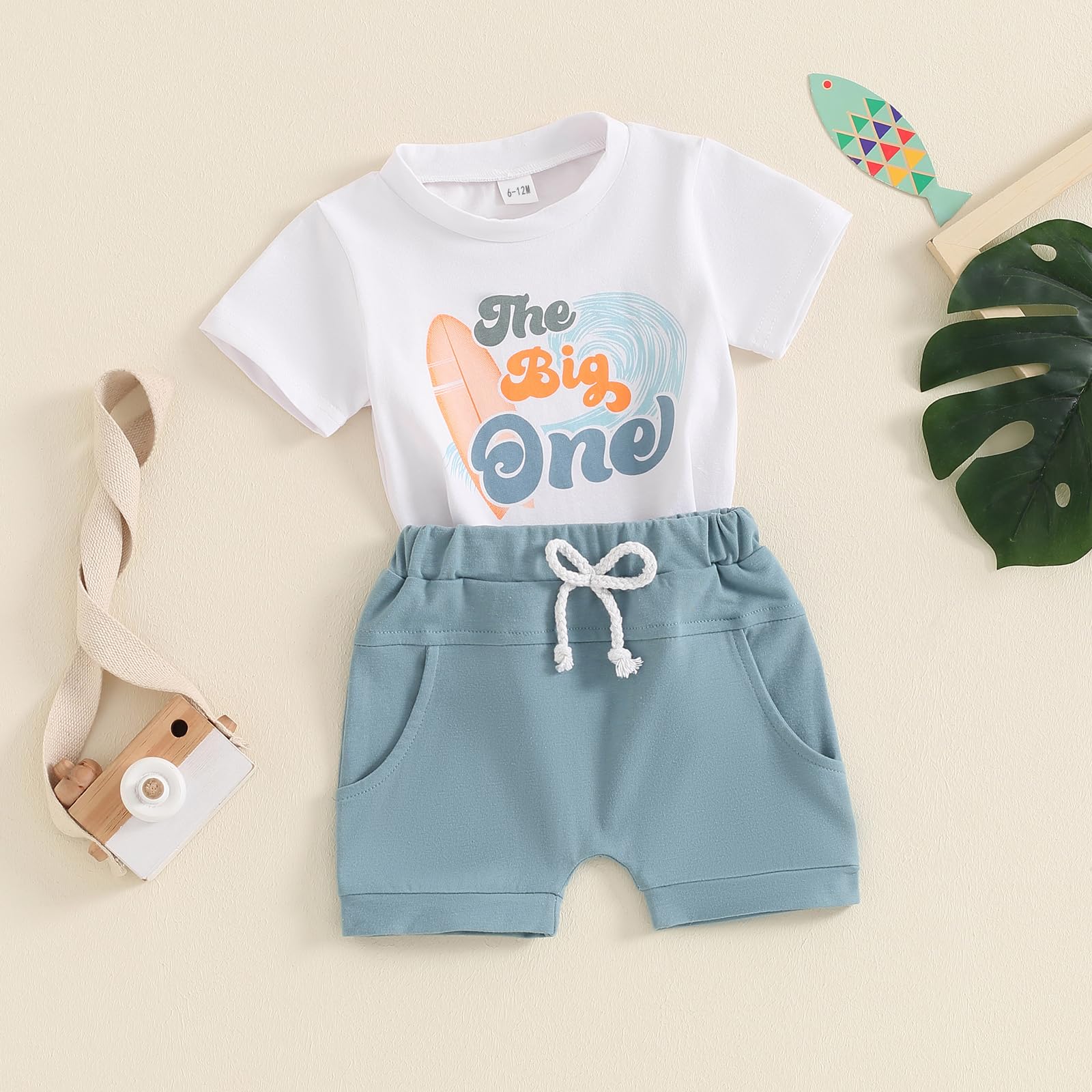 BULINGNA 2Pcs Baby Boy First Birthday Outfit Short Sleeve The Big One T-Shirt Top Casual Shorts Summer 1st Birthday Clothes (White Blue, 12-18 Months)