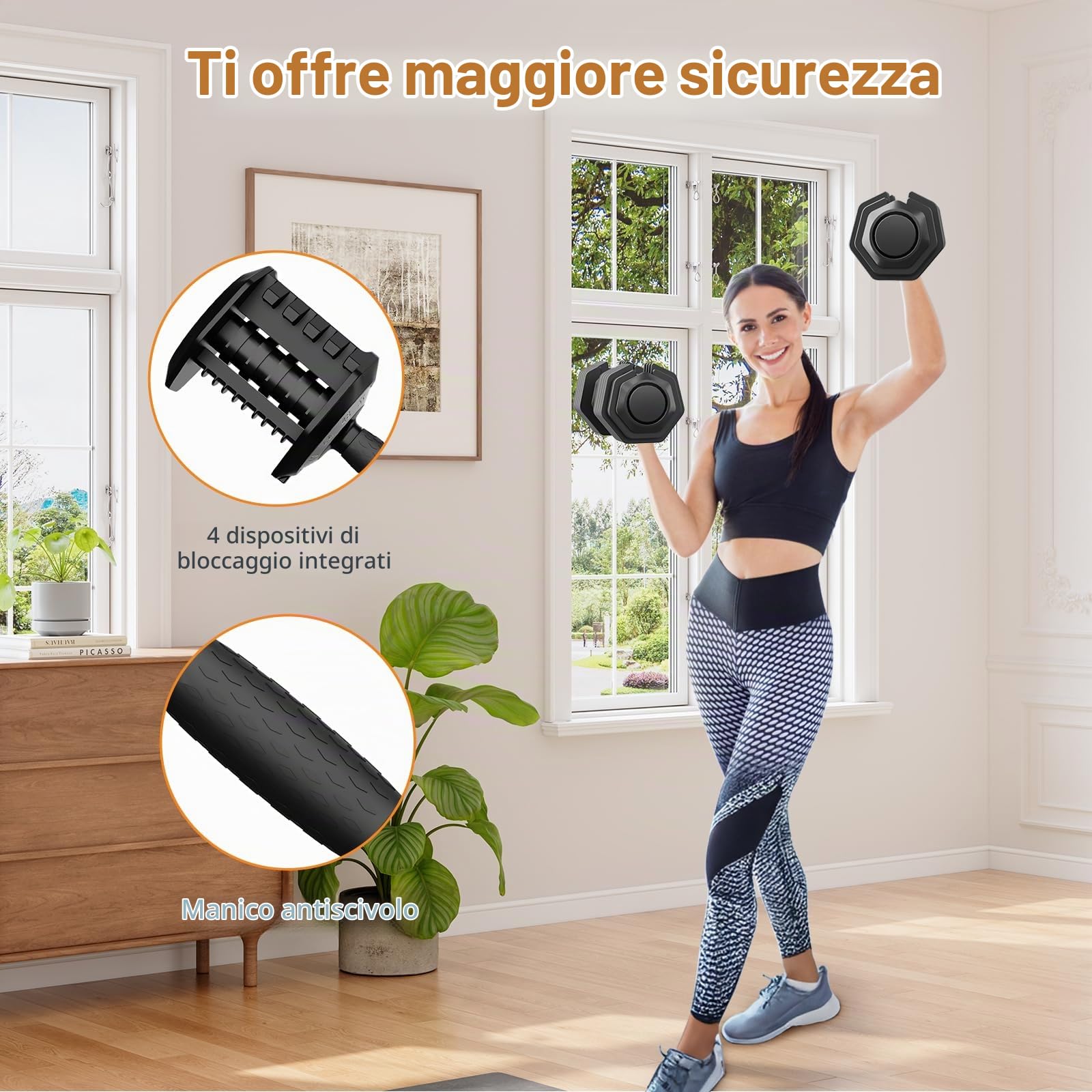 Set di manubri regolabili, coppia di pesi da 11 kg/24,5 kg, impugnatura antiscivolo con meccanismo di bloccaggio di sicurezza (Nero 24.5kg x2 (10 livelli di regolazione))