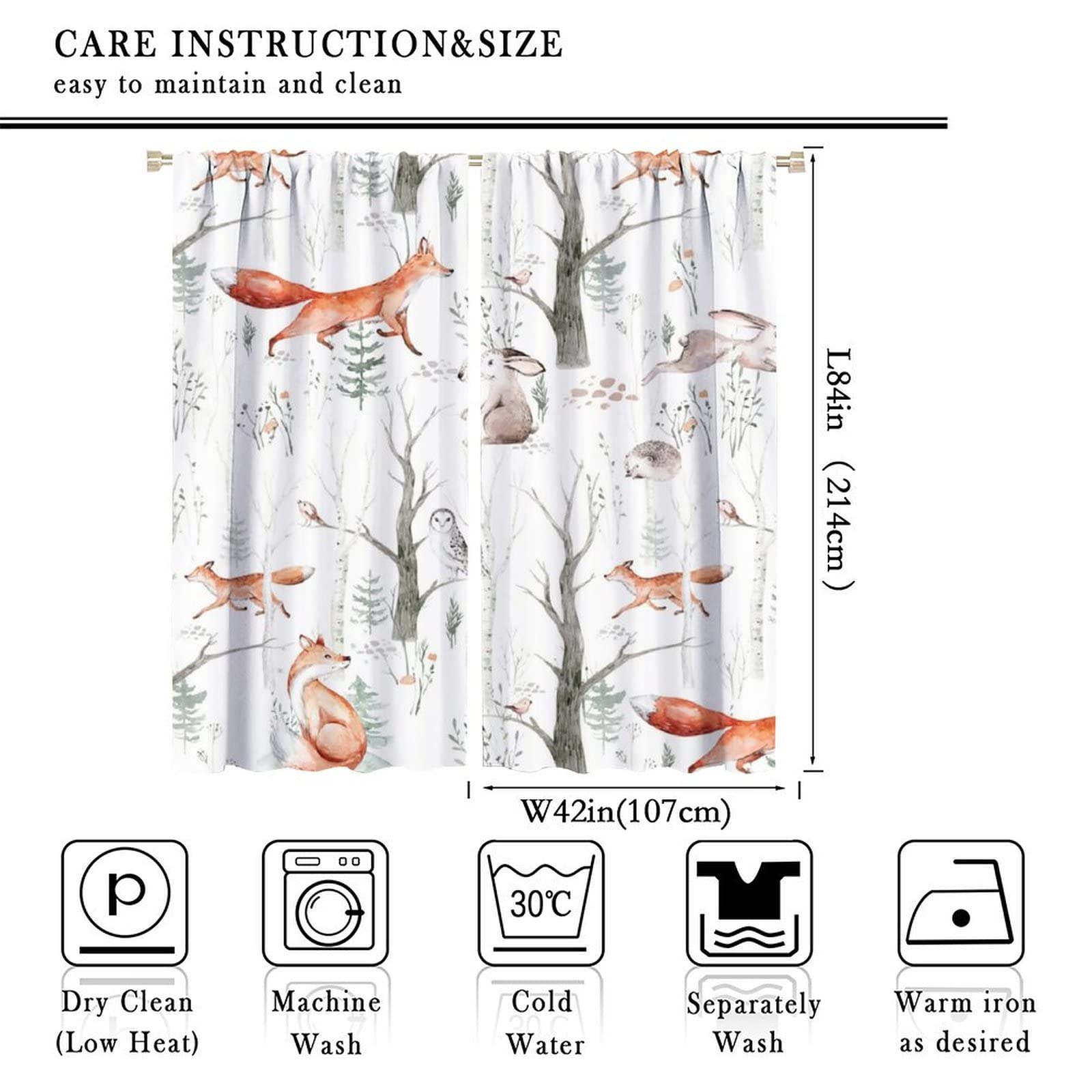 Cartoon Cute Fox Rod Pocket Blackout Curtains for Living Room,Thermal Insulated Watercolor Forest Woodland Lodge Cabin Wildlife Fox Pattern Bedroom Curtains,2 Panels 84L x 42W