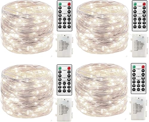 Decorman Paquete de 4 guirnaldas de luces LED de 20 pies con 60 luces LED con temporizador remoto, 8 modos, impermeable, alambre de cobre,