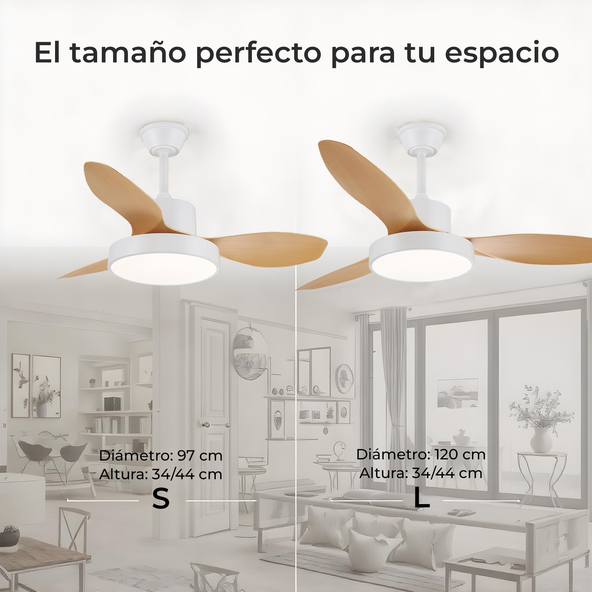 Ventilador de Techo con Luz LED y Aspas Reversibles - Diseño Premium, Silencioso con Mando a Distancia y Temporizador - Funcion Verano e Invierno y 3 Temperaturas de Luz LED (Blanco, L (120 cm))