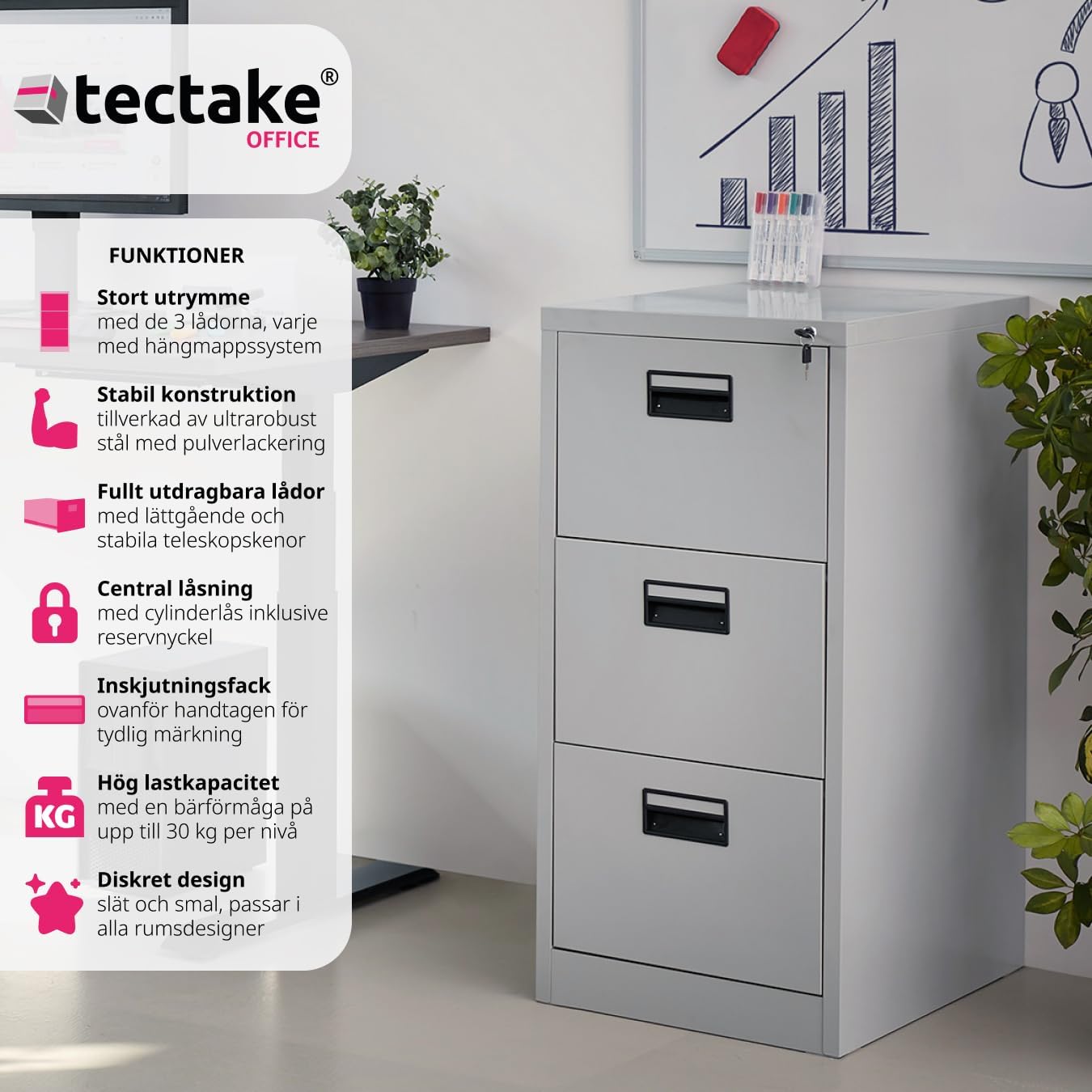 tectake 402487 filing cabinet with features highlighted